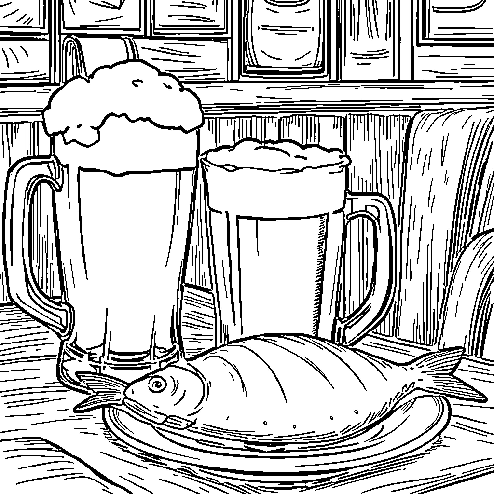 Fish served with foaming beverages in a rustic setting Coloring Page (free black-and-white line drawing printable PDF for all, from beginners to advanced learners, including children, teens, adults, and seniors)