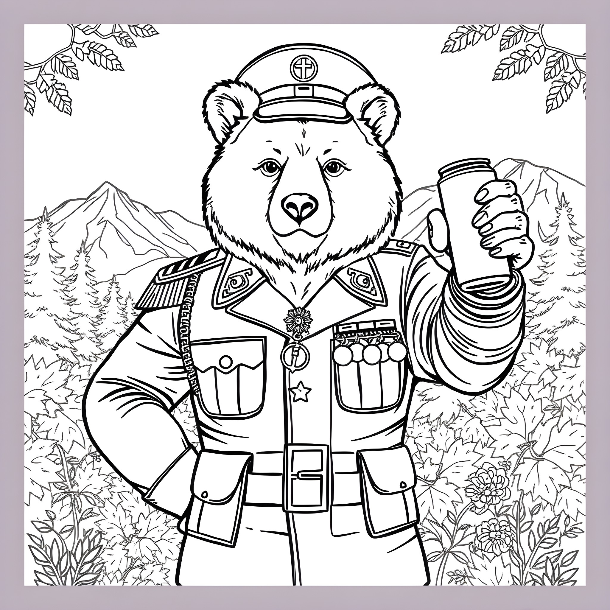 Bear military officer in nature landscape Coloring Page (free black-and-white line drawing printable PDF for all, from beginners to advanced learners, including children, teens, adults, and seniors)