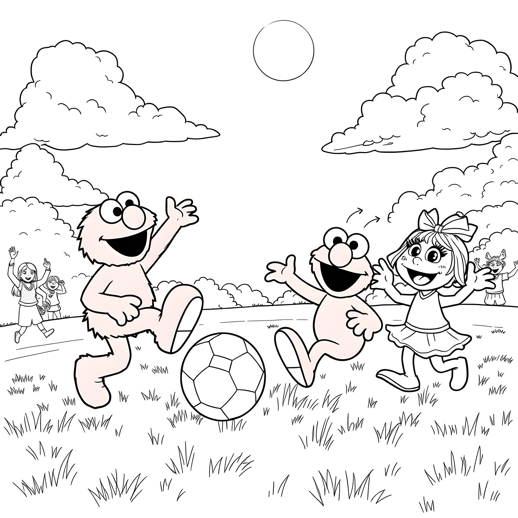 Elmo playing soccer with friends in the park Coloring Page (free black-and-white line drawing printable PDF for all, from beginners to advanced learners, including children, teens, adults, and seniors)