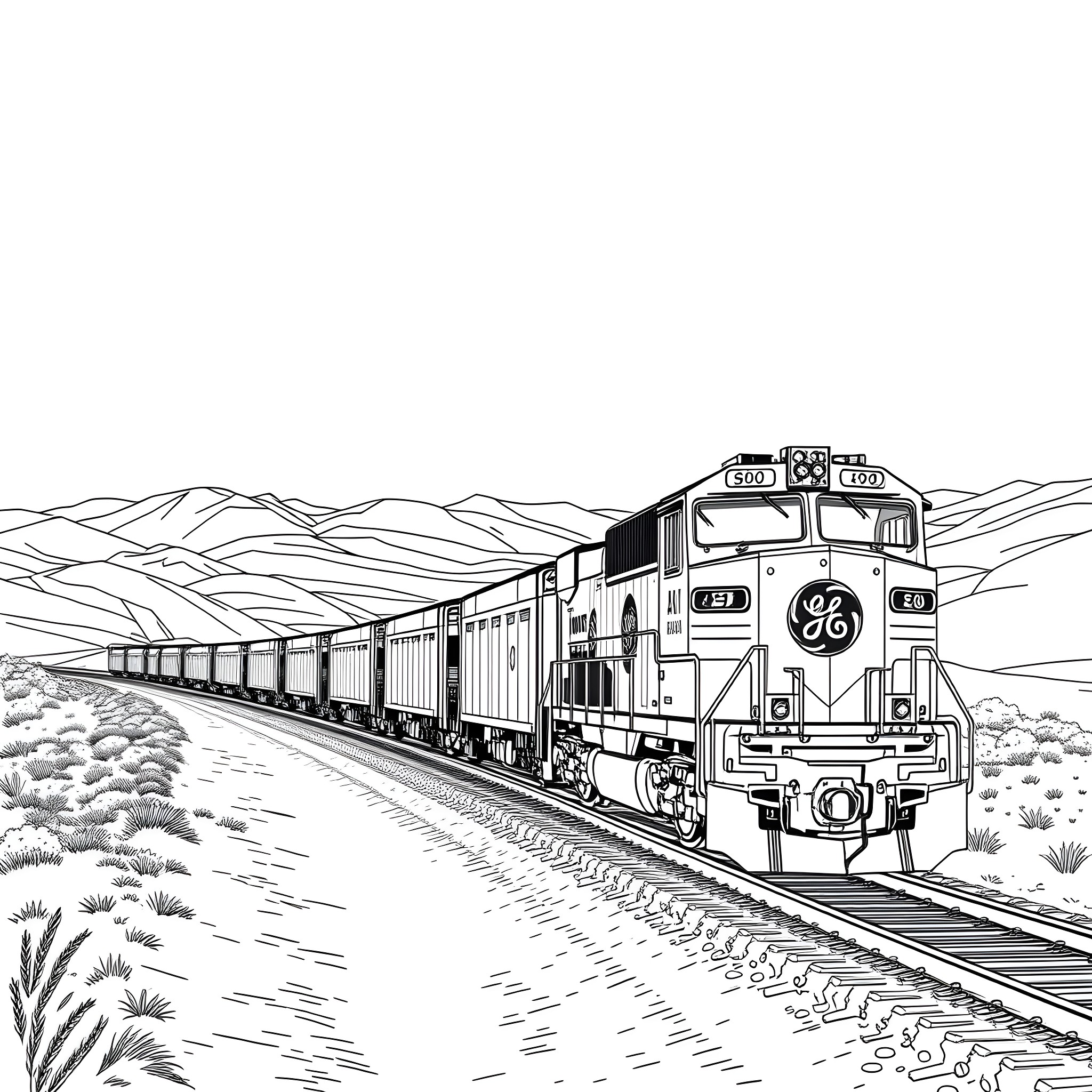 Locomotive Pulling a Freight Train Through the Desert Coloring Page (free black-and-white line drawing printable PDF for all, from beginners to advanced learners, including children, teens, adults, and seniors)