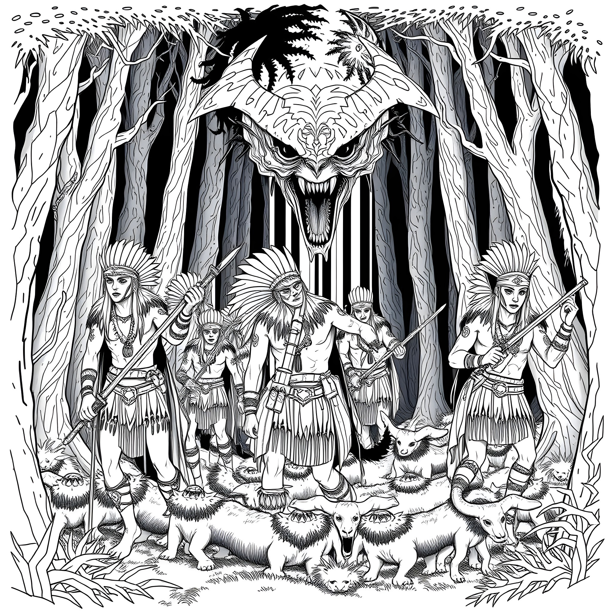 Warrior Tribe Gathering in Mystical Forest Coloring Page (free black-and-white line drawing printable PDF for all, from beginners to advanced learners, including children, teens, adults, and seniors)