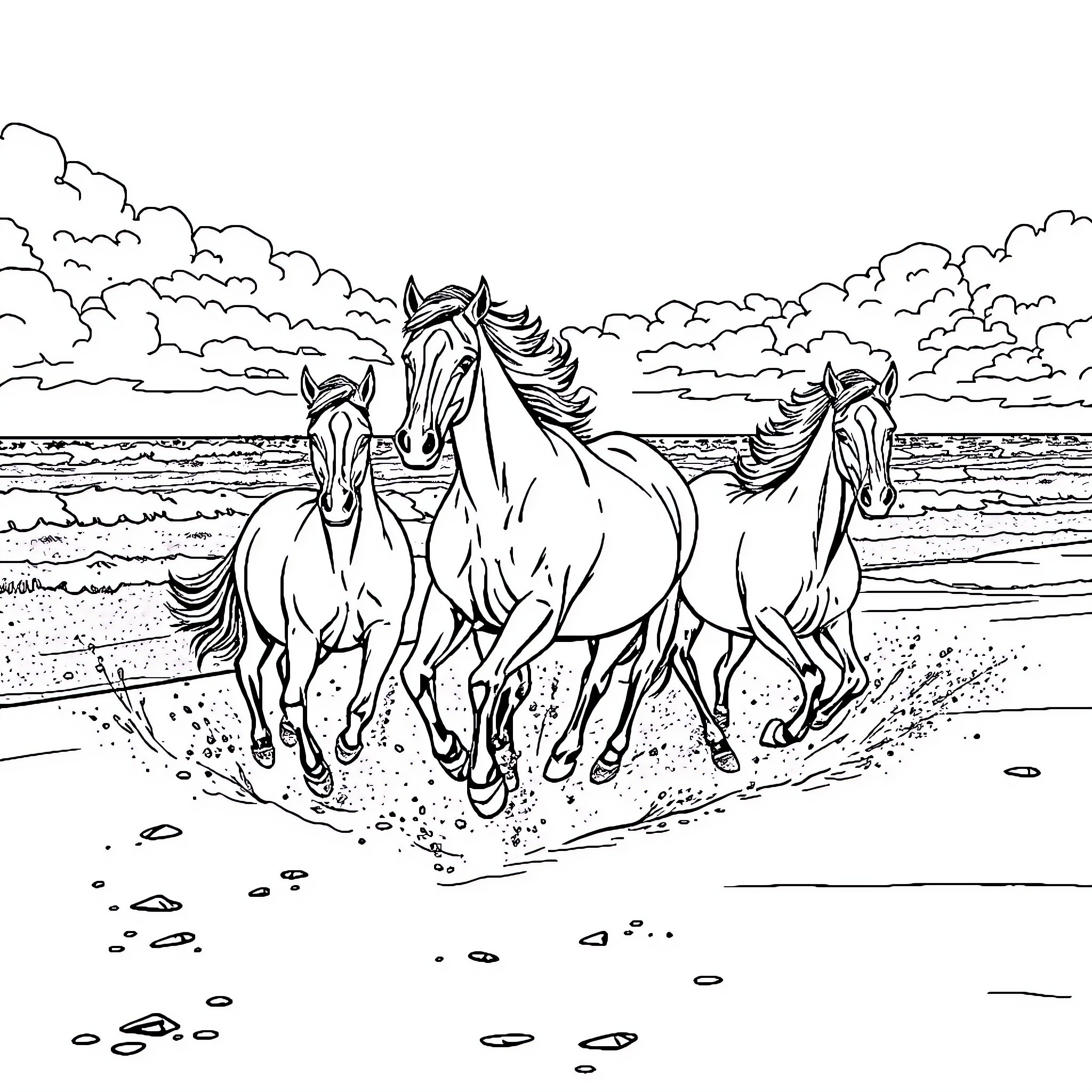 Horse Herd Galloping Across Beach Coloring Page (free black-and-white line drawing printable PDF for all, from beginners to advanced learners, including children, teens, adults, and seniors)