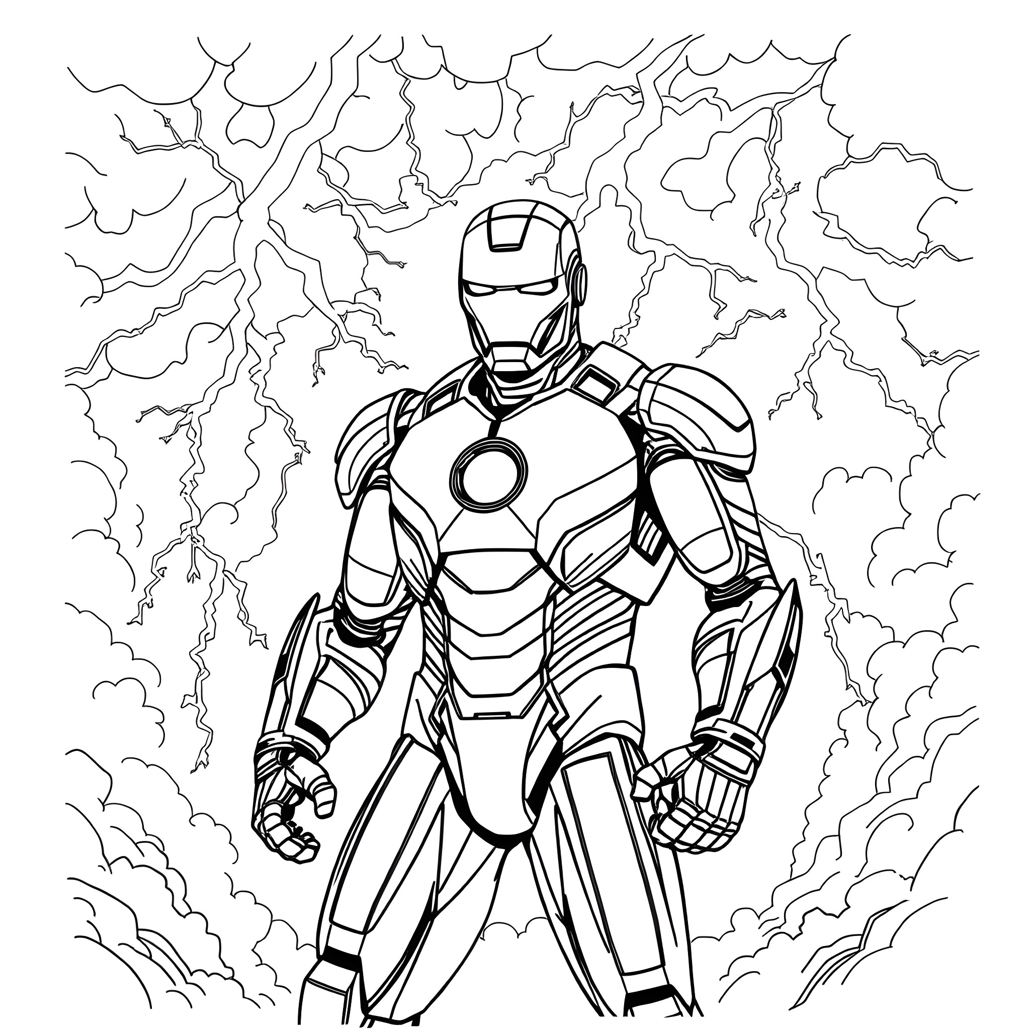 Iron Man Battles Amidst Electricity and Clouds Coloring Page (free black-and-white line drawing printable PDF for all, from beginners to advanced learners, including children, teens, adults, and seniors)