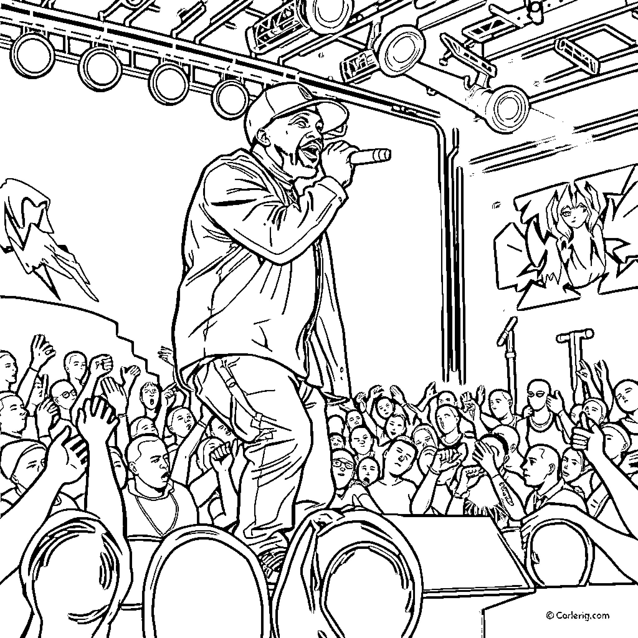 50 Cent Performing for Enthusiastic Crowd Coloring Page (free black-and-white line drawing printable PDF for all, from beginners to advanced learners, including children, teens, adults, and seniors)
