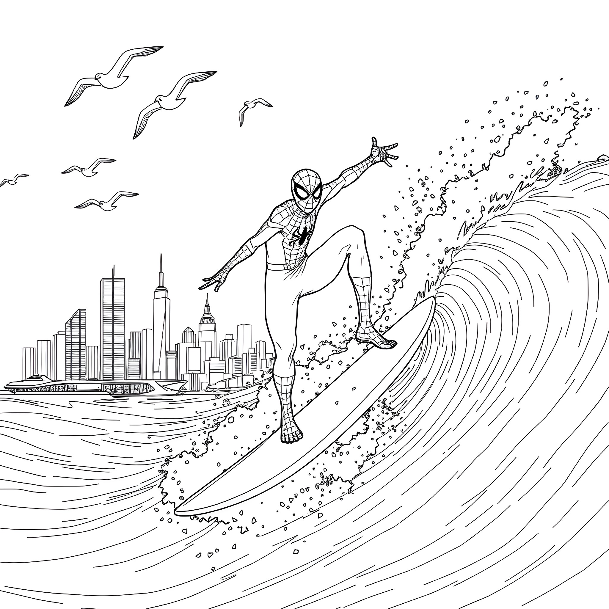 Spider-Man surfing the waves with city skyline Coloring Page (free black-and-white line drawing printable PDF for all, from beginners to advanced learners, including children, teens, adults, and seniors)