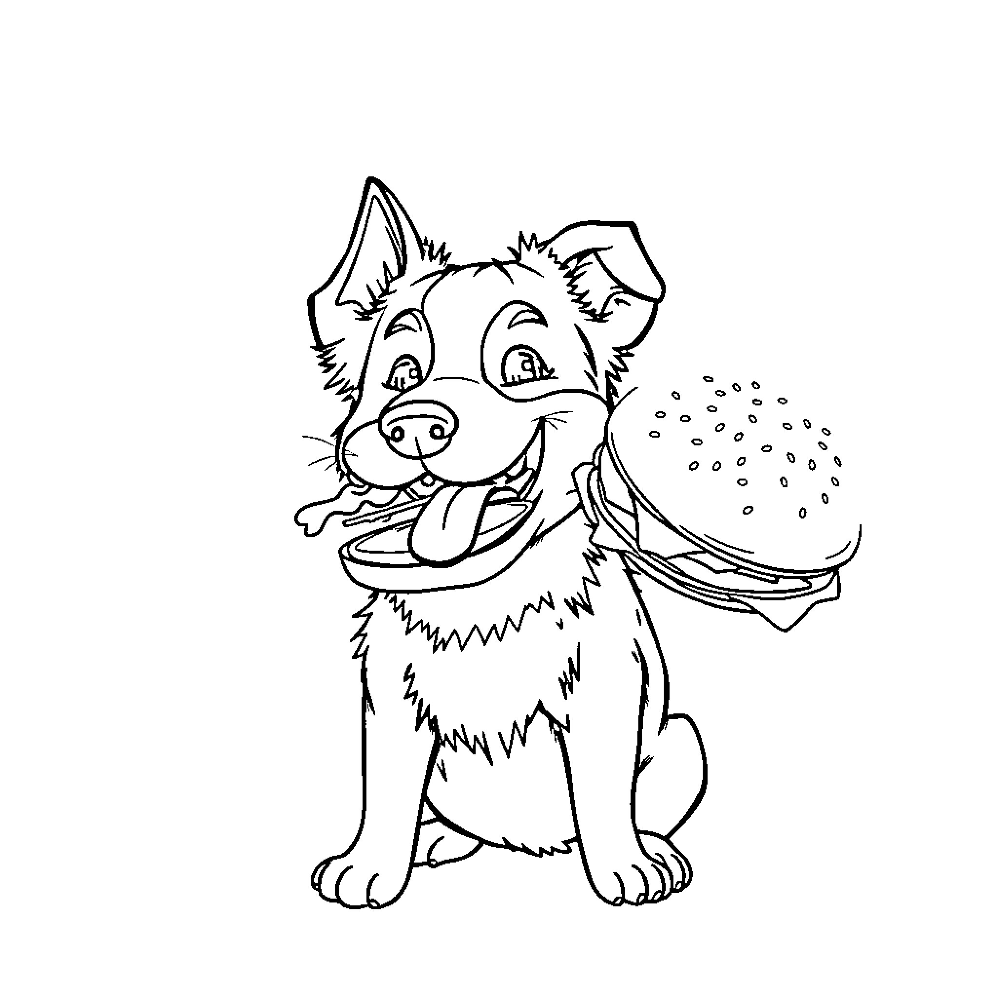 Border Collie Holding a Hamburger Coloring Page (free black-and-white line drawing printable PDF for all, from beginners to advanced learners, including children, teens, adults, and seniors)