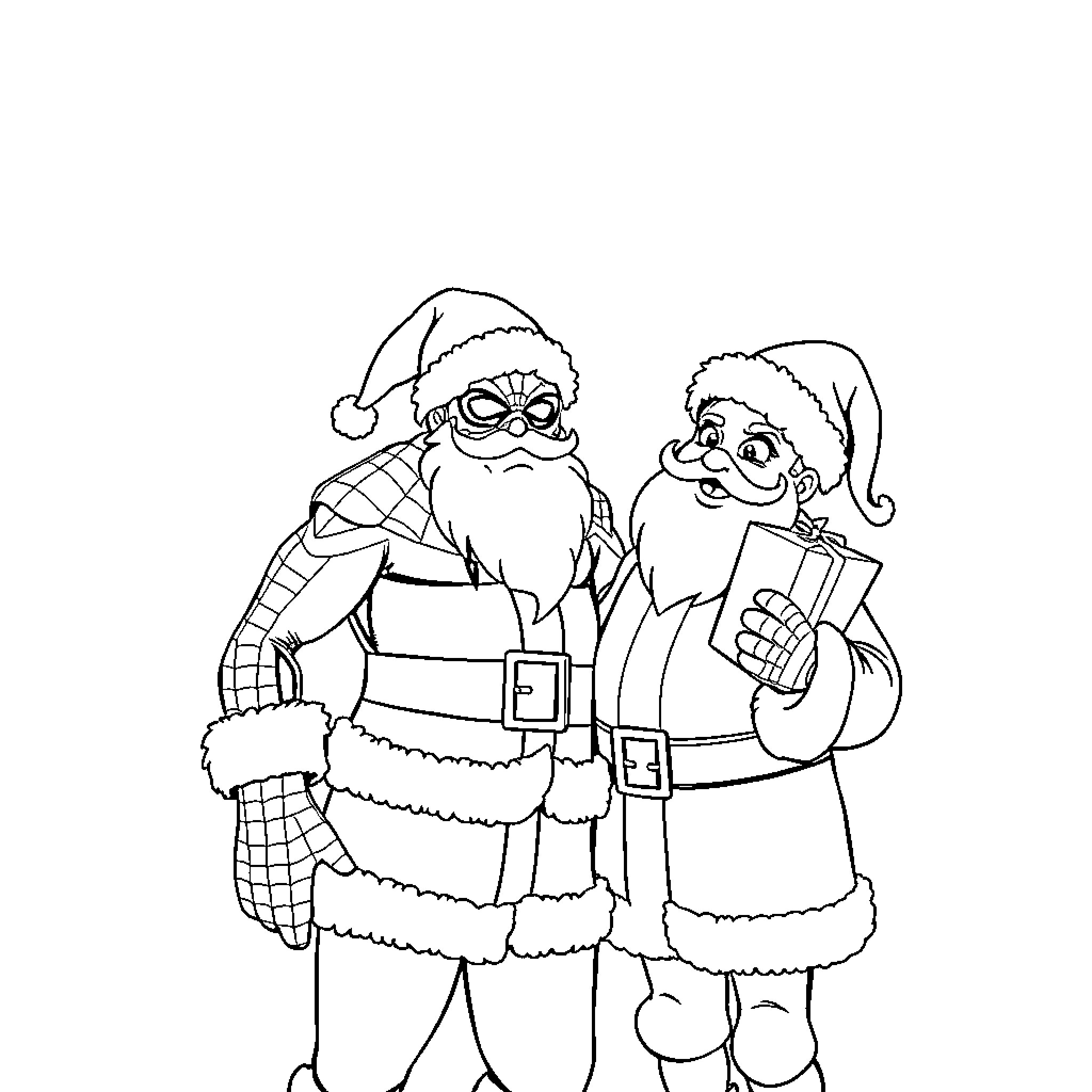 Spiderman meets Santa and Mrs. Claus in holiday attire Coloring Page (free black-and-white line drawing printable PDF for all, from beginners to advanced learners, including children, teens, adults, and seniors)