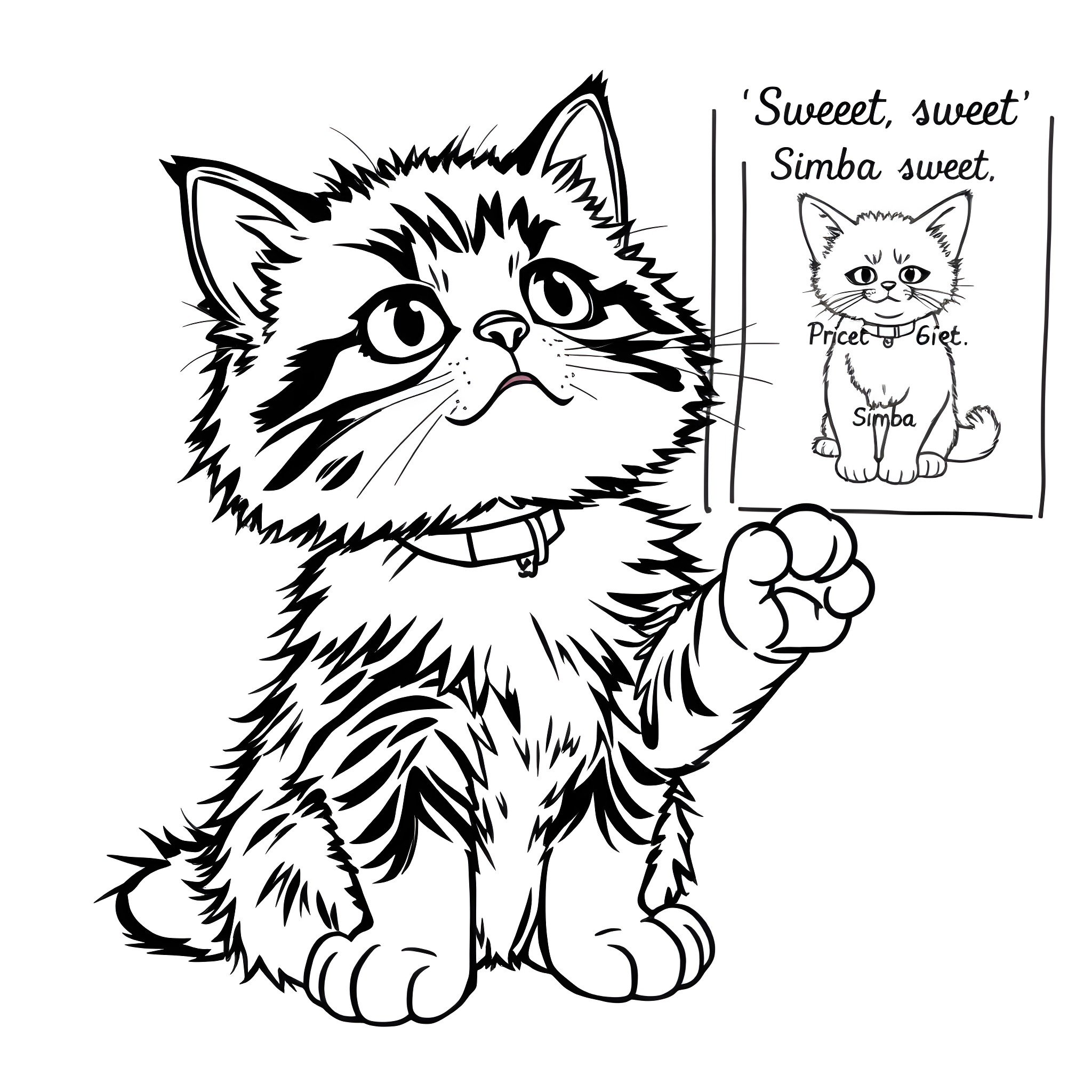 Kitten holding a sign with sweet message Coloring Page (free black-and-white line drawing printable PDF for all, from beginners to advanced learners, including children, teens, adults, and seniors)