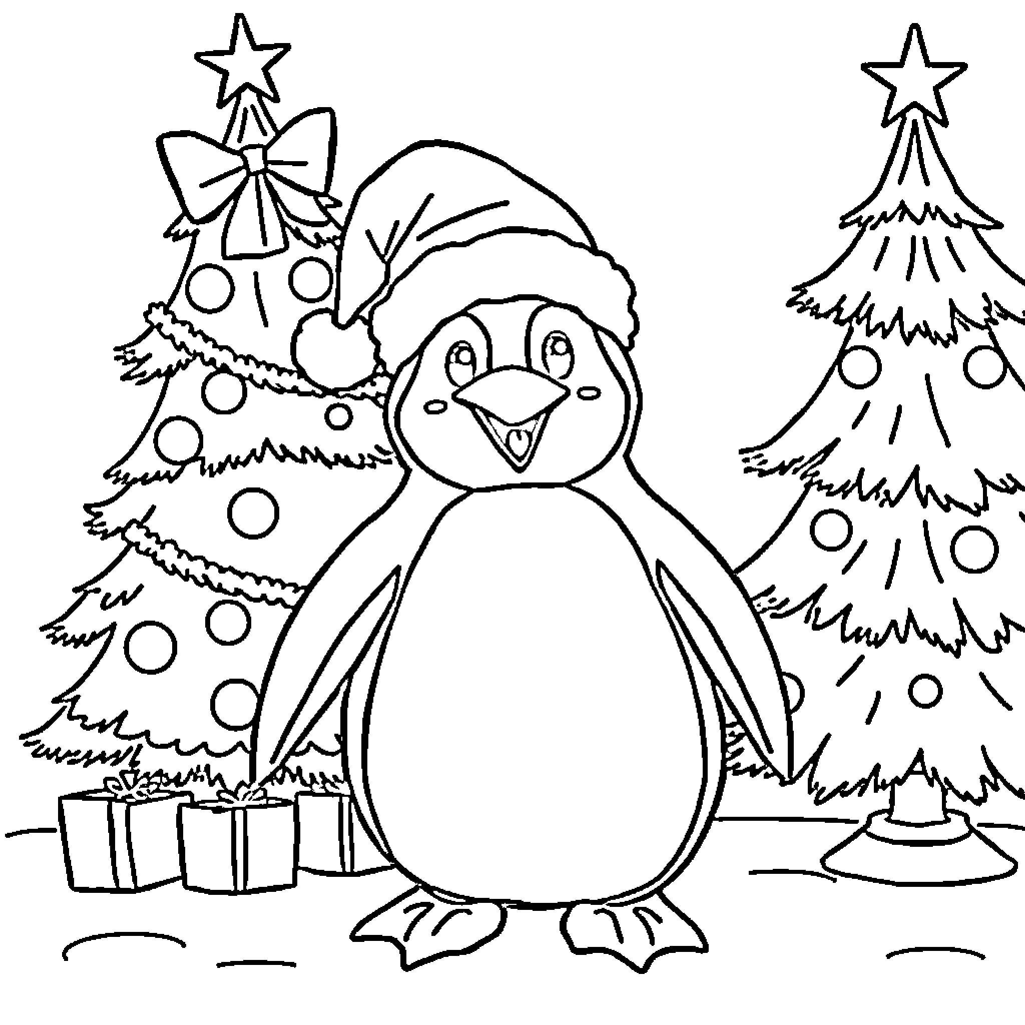 Penguin celebrating Christmas with tree and gifts Coloring Page (free black-and-white line drawing printable PDF for all, from beginners to advanced learners, including children, teens, adults, and seniors)