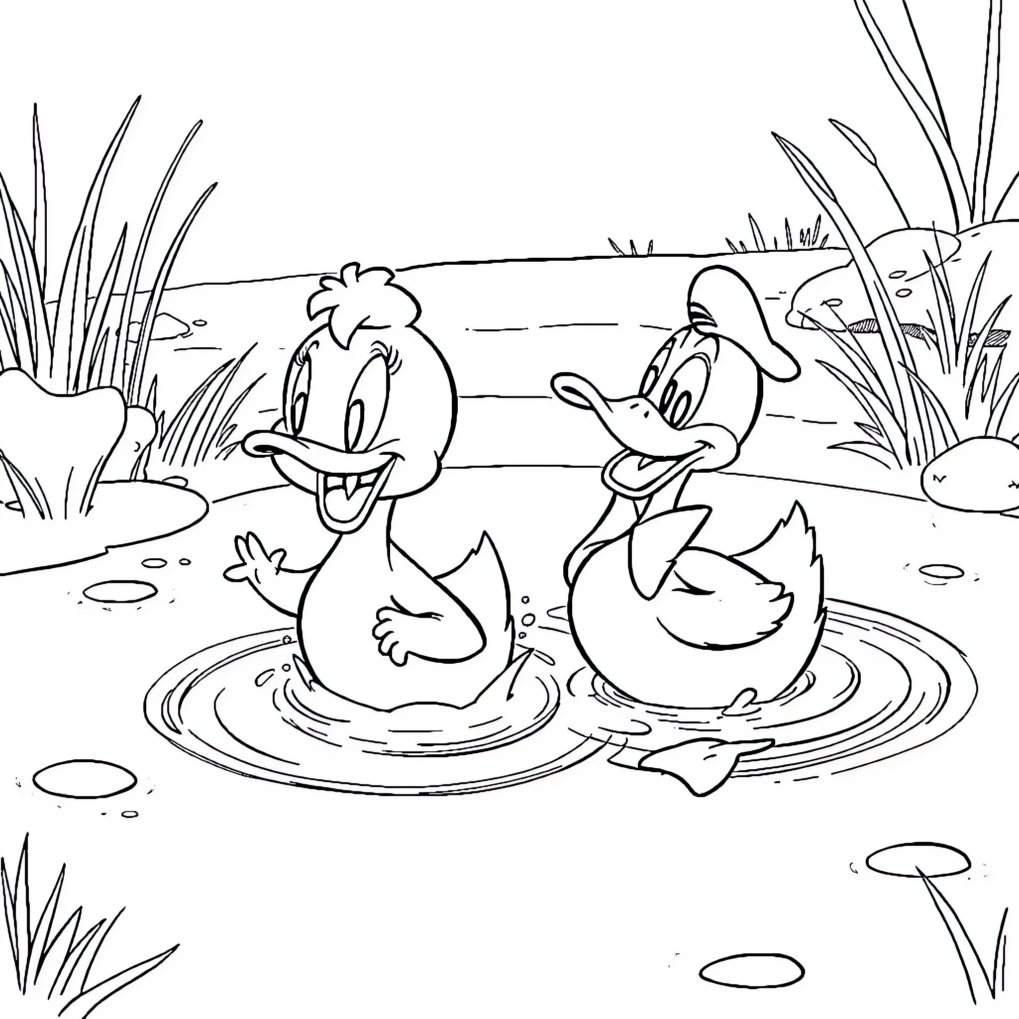 Ducks swimming and interacting in a pond Coloring Page (free black-and-white line drawing printable PDF for all, from beginners to advanced learners, including children, teens, adults, and seniors)
