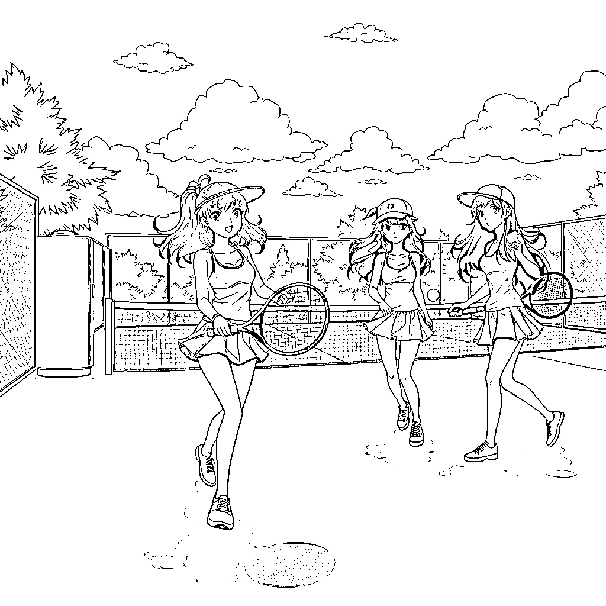 Manga Girls Enjoying Tennis Outdoors Coloring Page (free black-and-white line drawing printable PDF for all, from beginners to advanced learners, including children, teens, adults, and seniors)