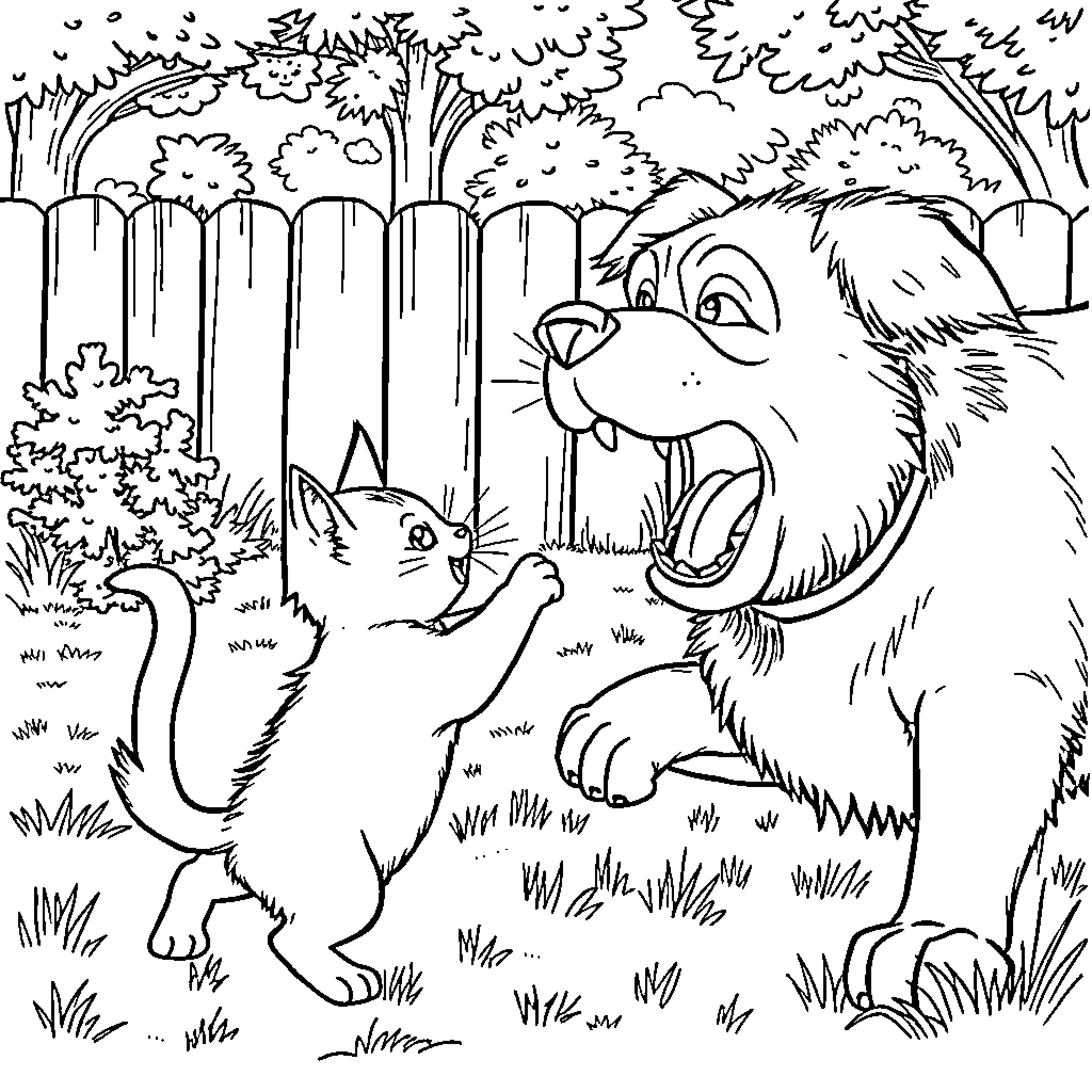 Cat and Dog Playing in the Forest Coloring Page (free black-and-white line drawing printable PDF for all, from beginners to advanced learners, including children, teens, adults, and seniors)