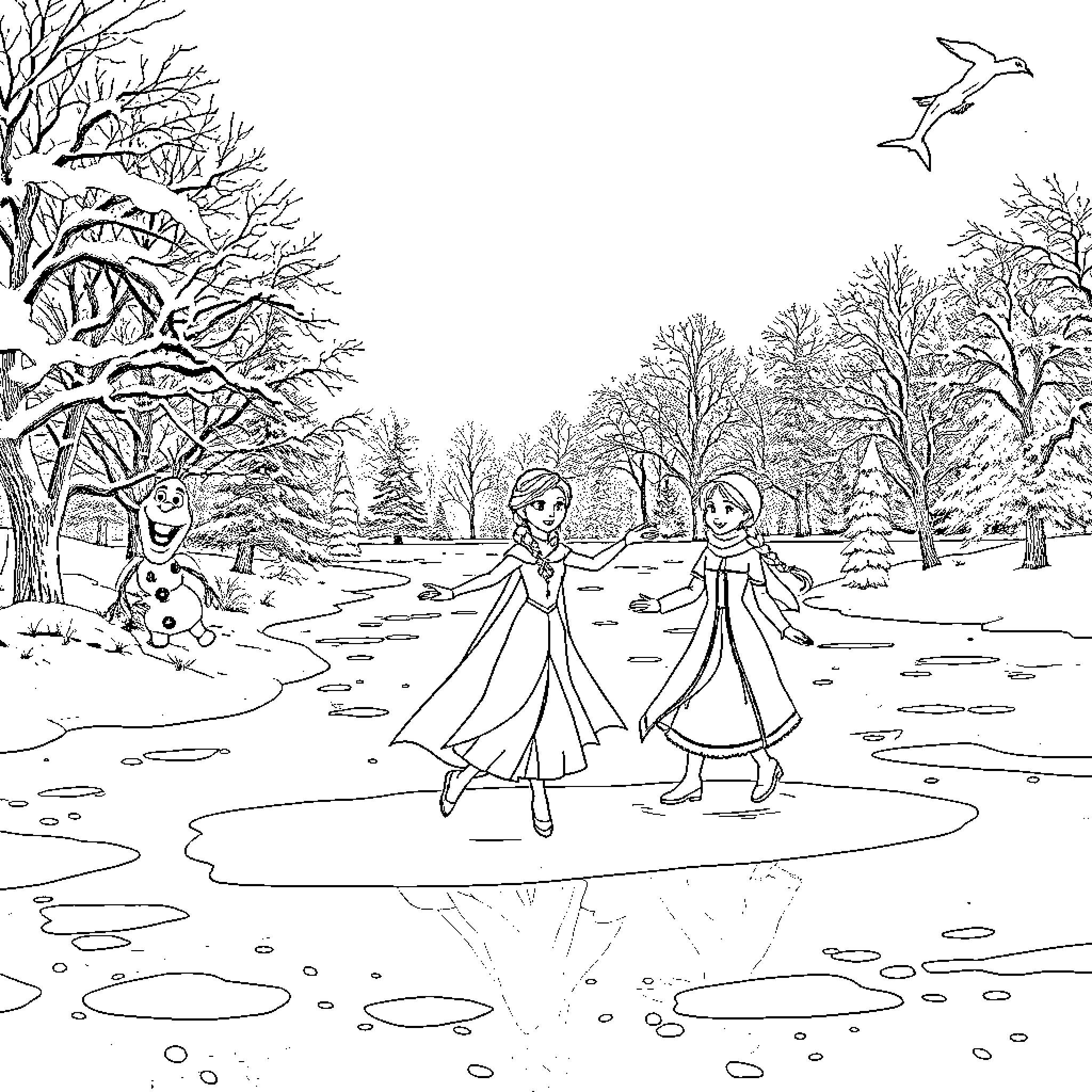 Elsa and Anna's Winter Wonderland Adventure Coloring Page (free black-and-white line drawing printable PDF for all, from beginners to advanced learners, including children, teens, adults, and seniors)