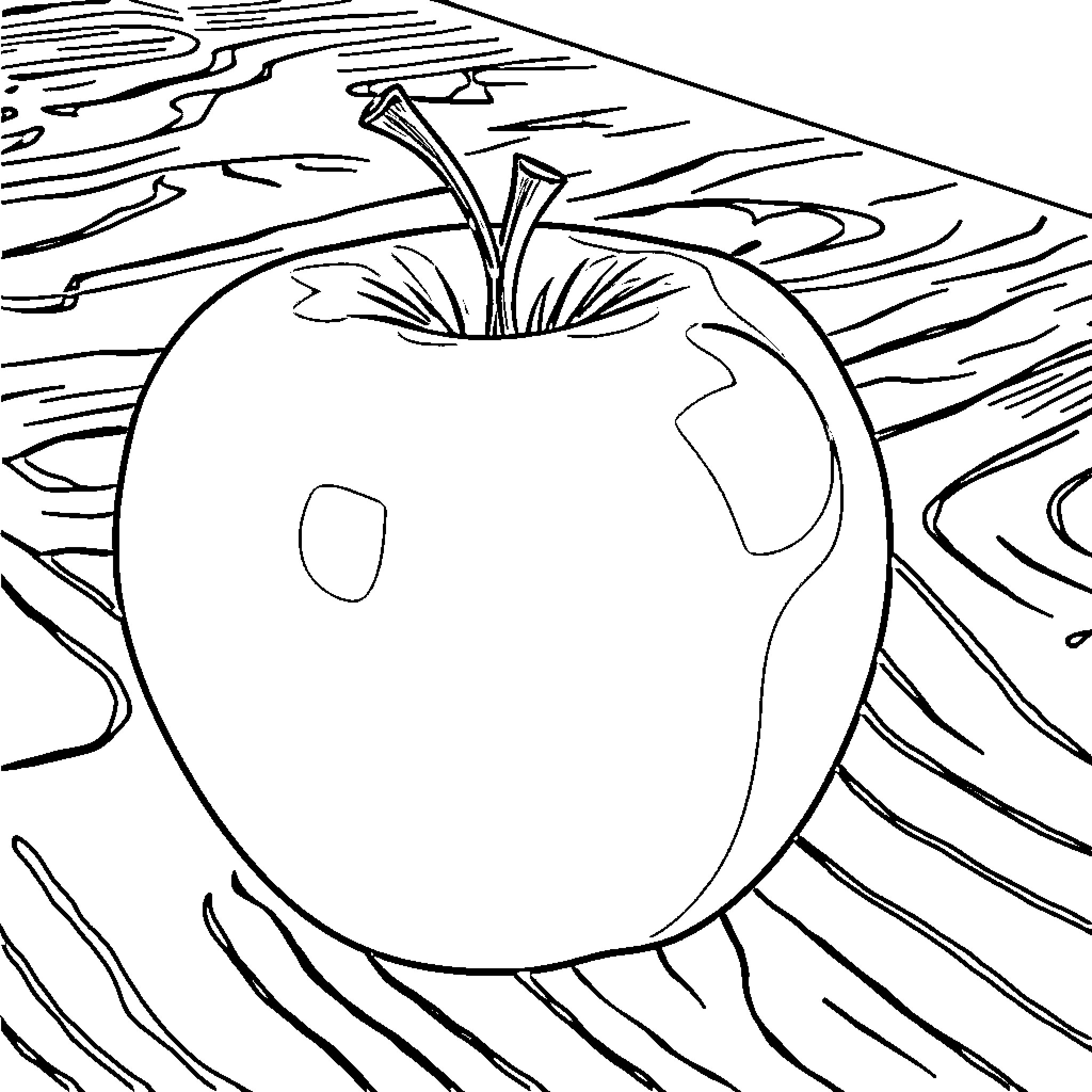 Apple on a wooden surface Coloring Page (free black-and-white line drawing printable PDF for all, from beginners to advanced learners, including children, teens, adults, and seniors)