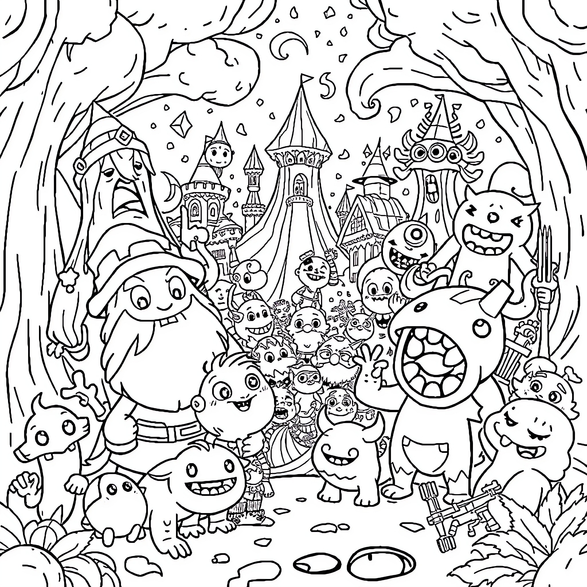Dofus creatures exploring a fantastical realm Coloring Page (free black-and-white line drawing printable PDF for all, from beginners to advanced learners, including children, teens, adults, and seniors)