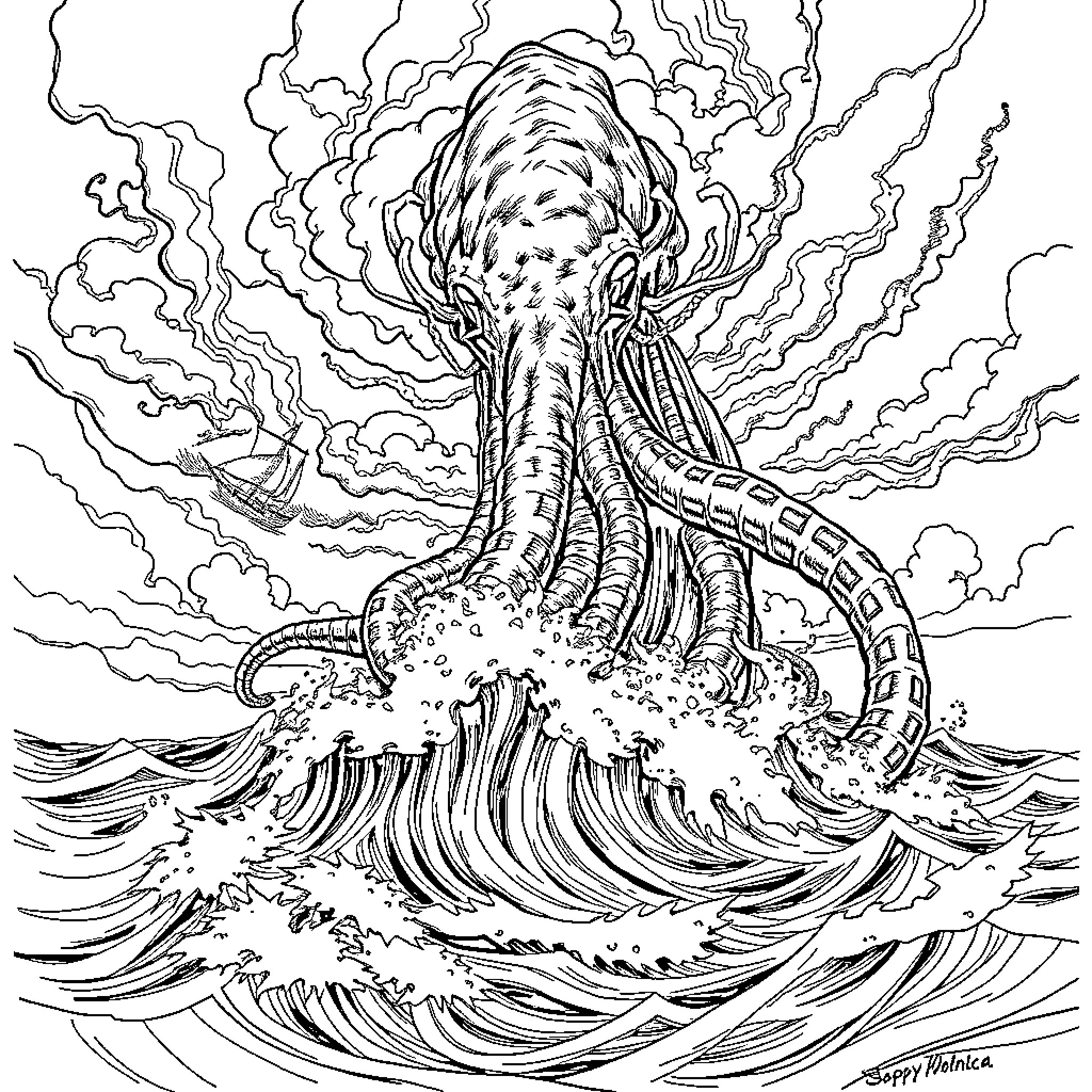 Cthulhu Emerging from the Cosmic Abyss Coloring Page (free black-and-white line drawing printable PDF for all, from beginners to advanced learners, including children, teens, adults, and seniors)