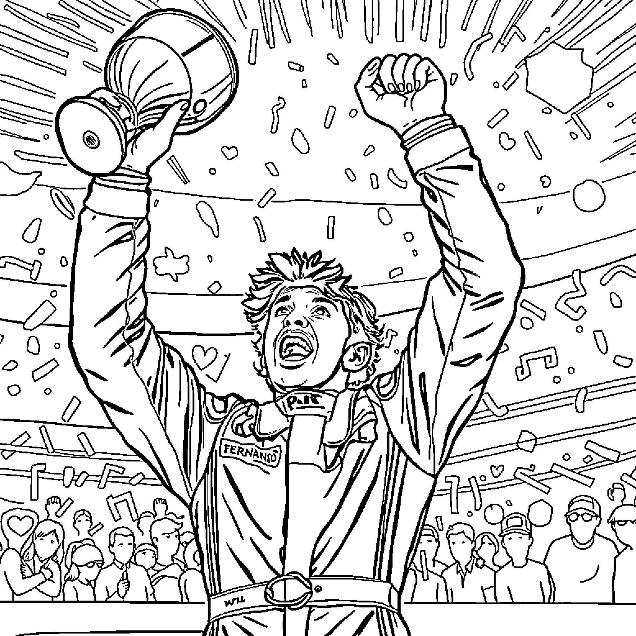 Fernando Alonso celebrating victory with crowd Coloring Page (free black-and-white line drawing printable PDF for all, from beginners to advanced learners, including children, teens, adults, and seniors)