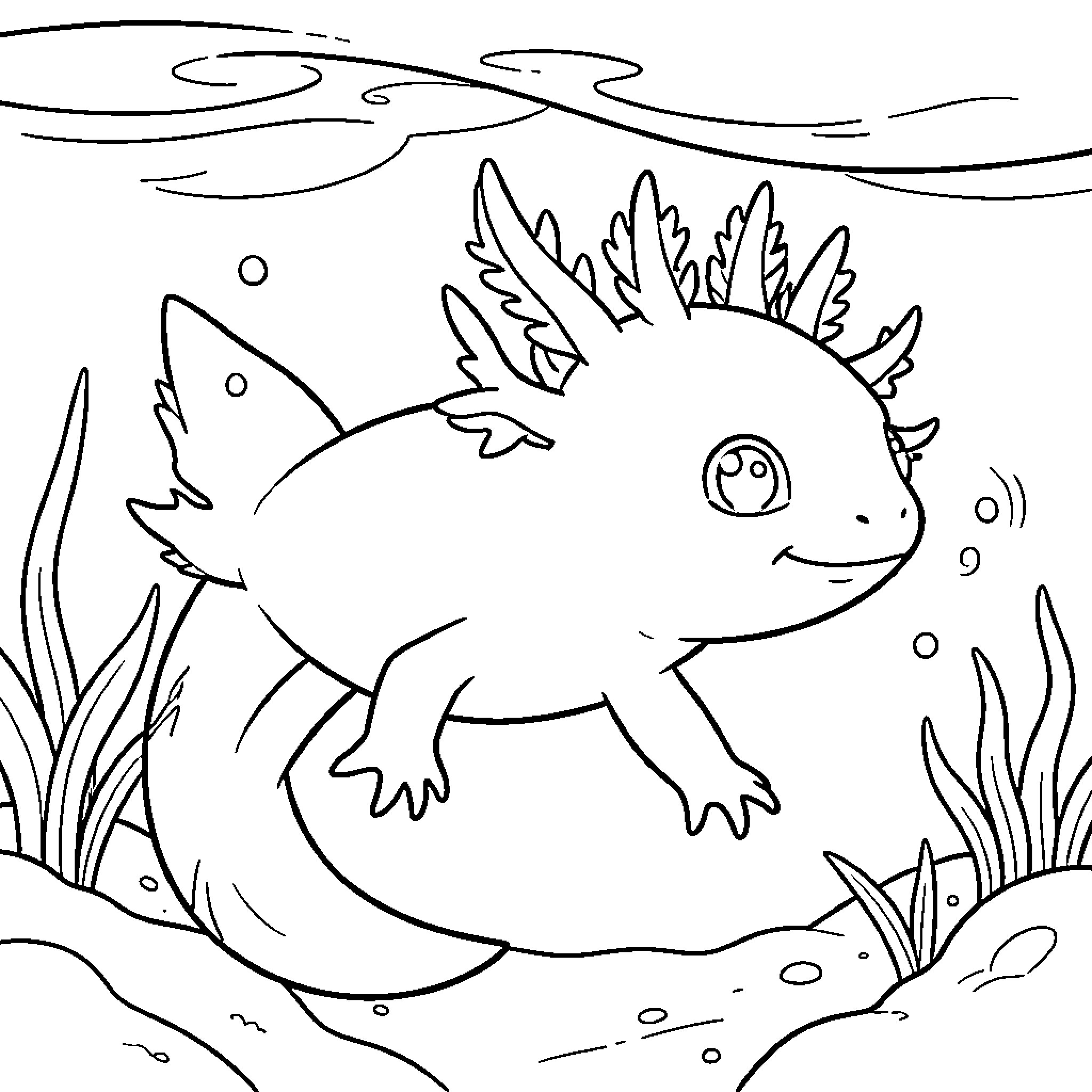 Axolotl swimming happily among underwater plants and bubbles Coloring Page (free black-and-white line drawing printable PDF for all, from beginners to advanced learners, including children, teens, adults, and seniors)