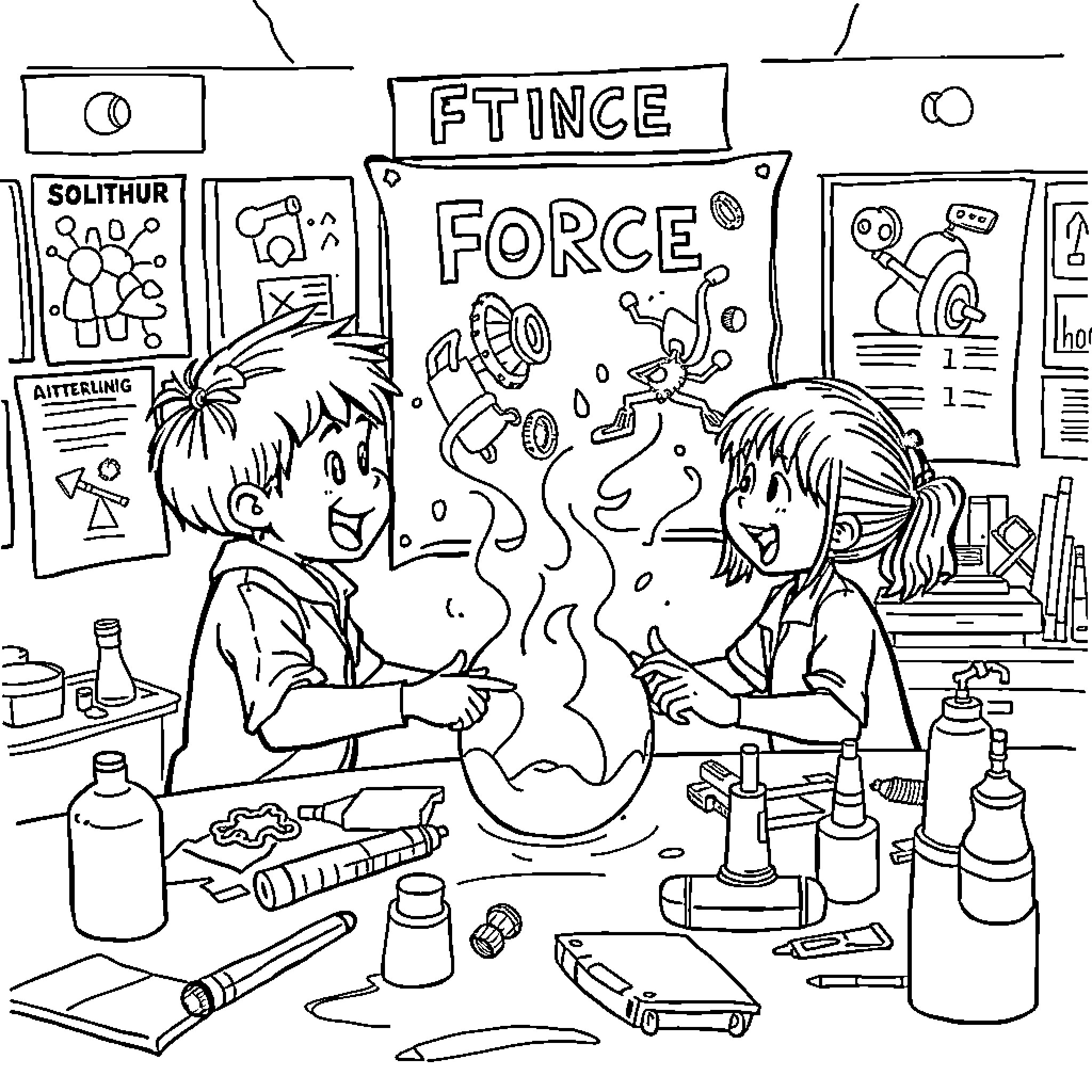 Kid making FTINCE Force toy with friend Coloring Page (free black-and-white line drawing printable PDF for all, from beginners to advanced learners, including children, teens, adults, and seniors)