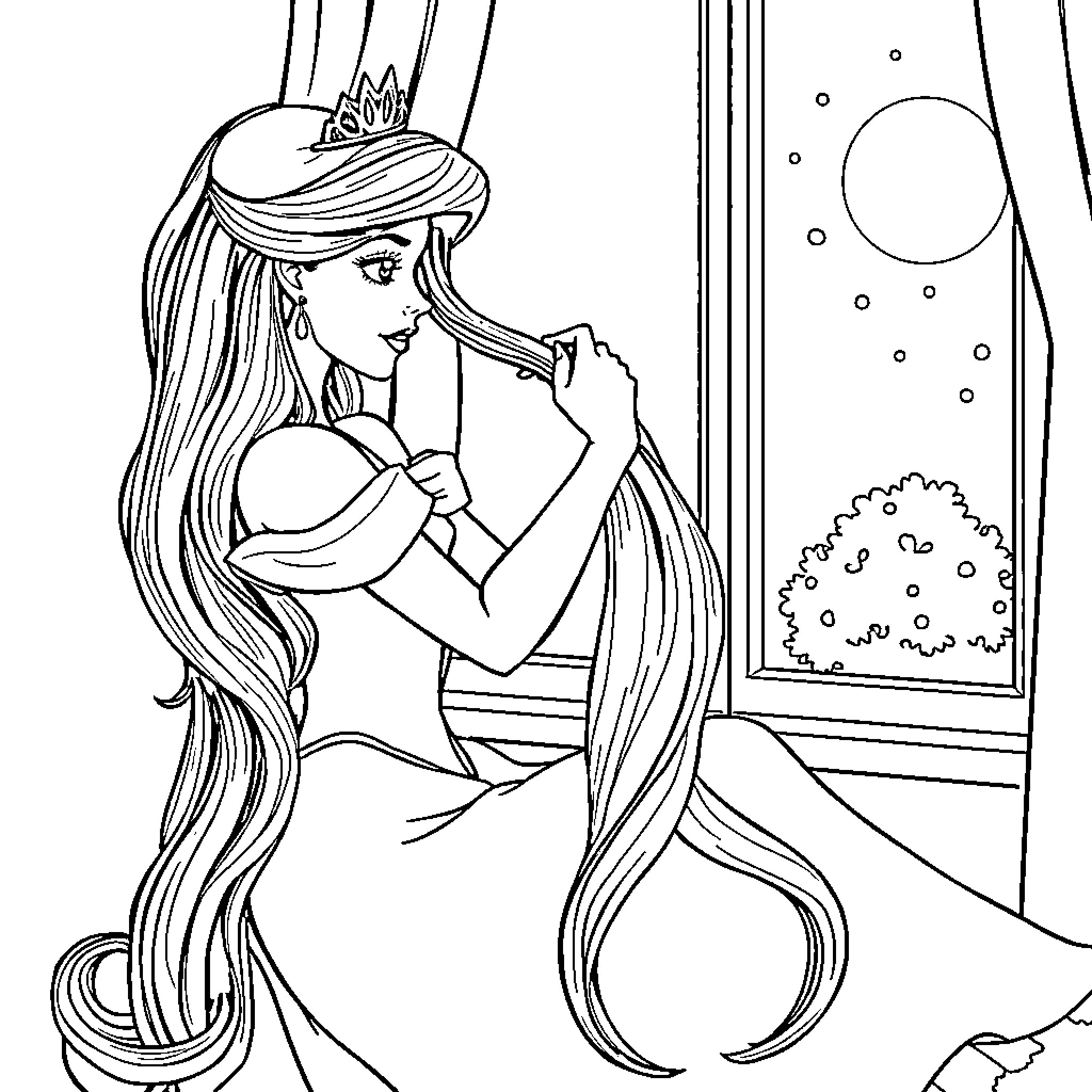 Princess with long hair admiring the night sky Coloring Page (free black-and-white line drawing printable PDF for all, from beginners to advanced learners, including children, teens, adults, and seniors)
