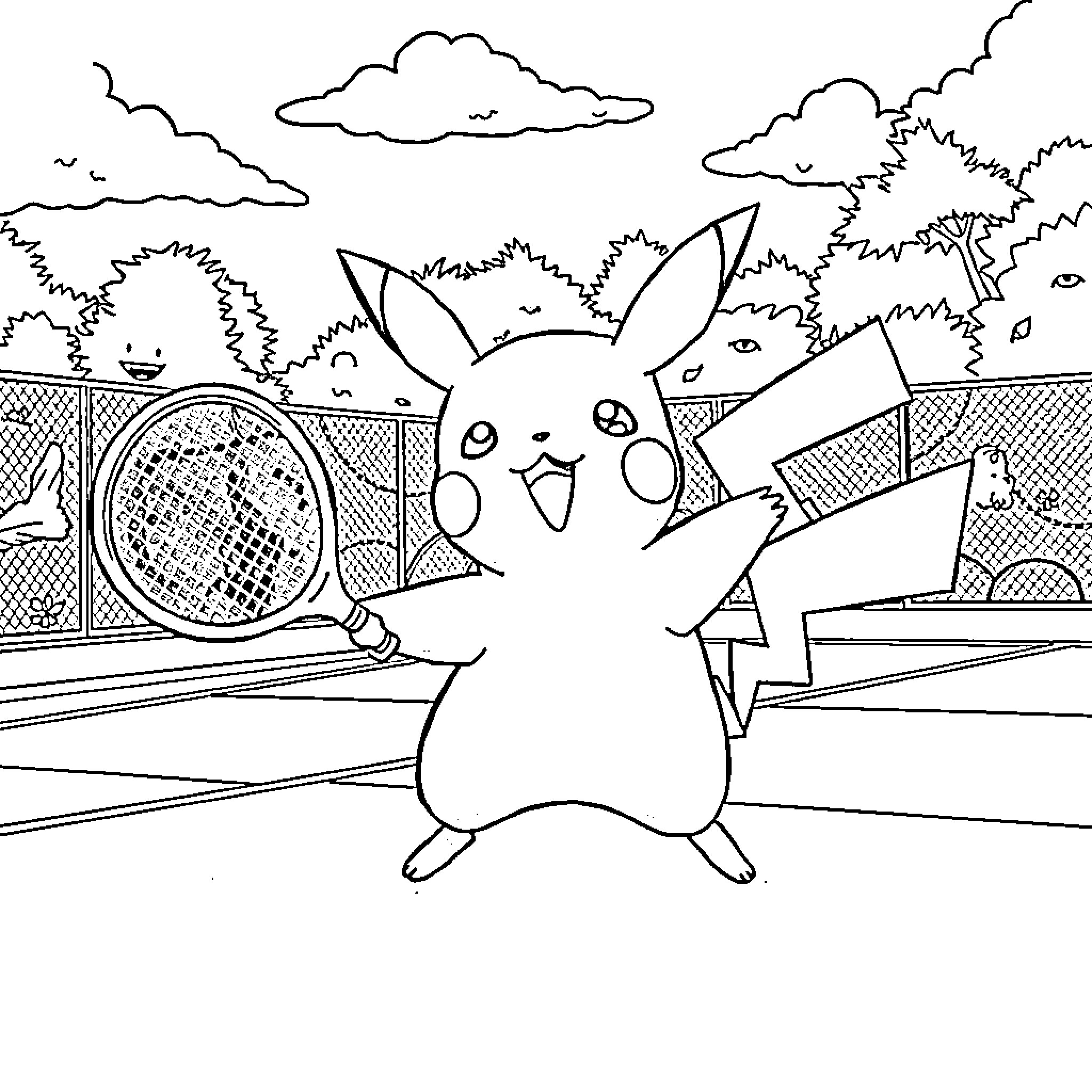 Pikachu enjoying a day at the tennis court Coloring Page (free black-and-white line drawing printable PDF for all, from beginners to advanced learners, including children, teens, adults, and seniors)