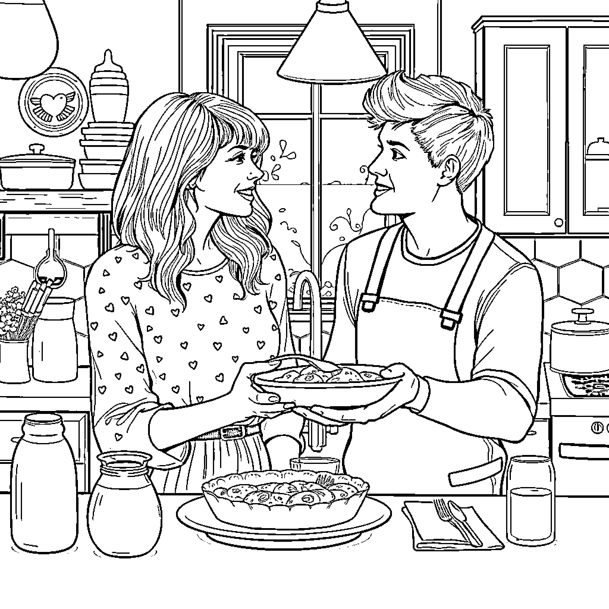 Taylor Swift Couple Cooking Together in Kitchen Coloring Page (free black-and-white line drawing printable PDF for all, from beginners to advanced learners, including children, teens, adults, and seniors)