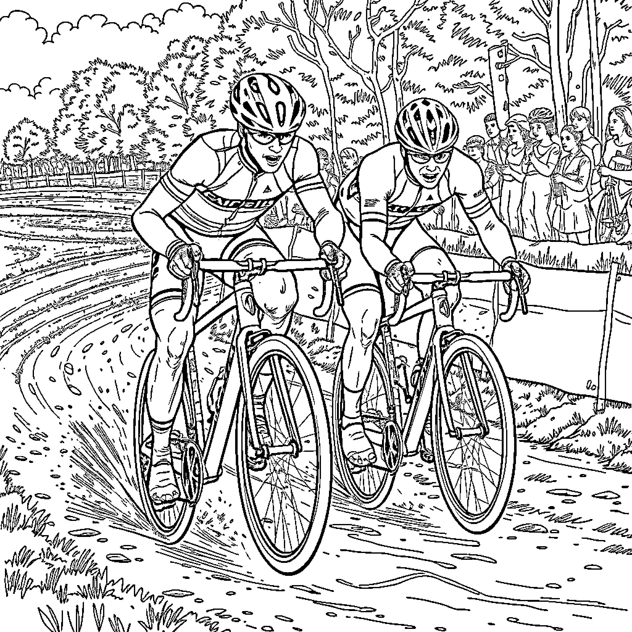 Mathieu van der Poel leading a cycling race in a forest setting Coloring Page (free black-and-white line drawing printable PDF for all, from beginners to advanced learners, including children, teens, adults, and seniors)