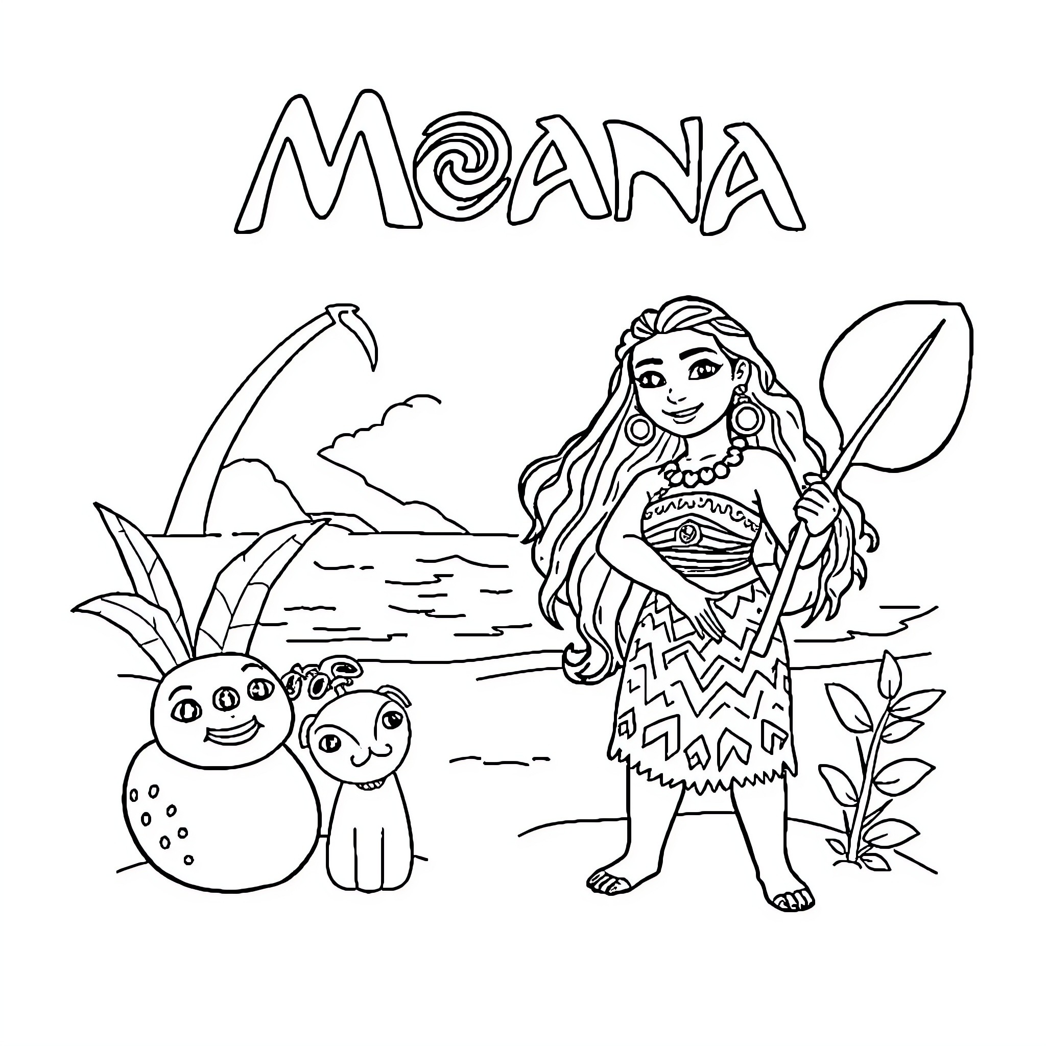 Moana exploring the enchanting ocean landscape Coloring Page (free black-and-white line drawing printable PDF for all, from beginners to advanced learners, including children, teens, adults, and seniors)
