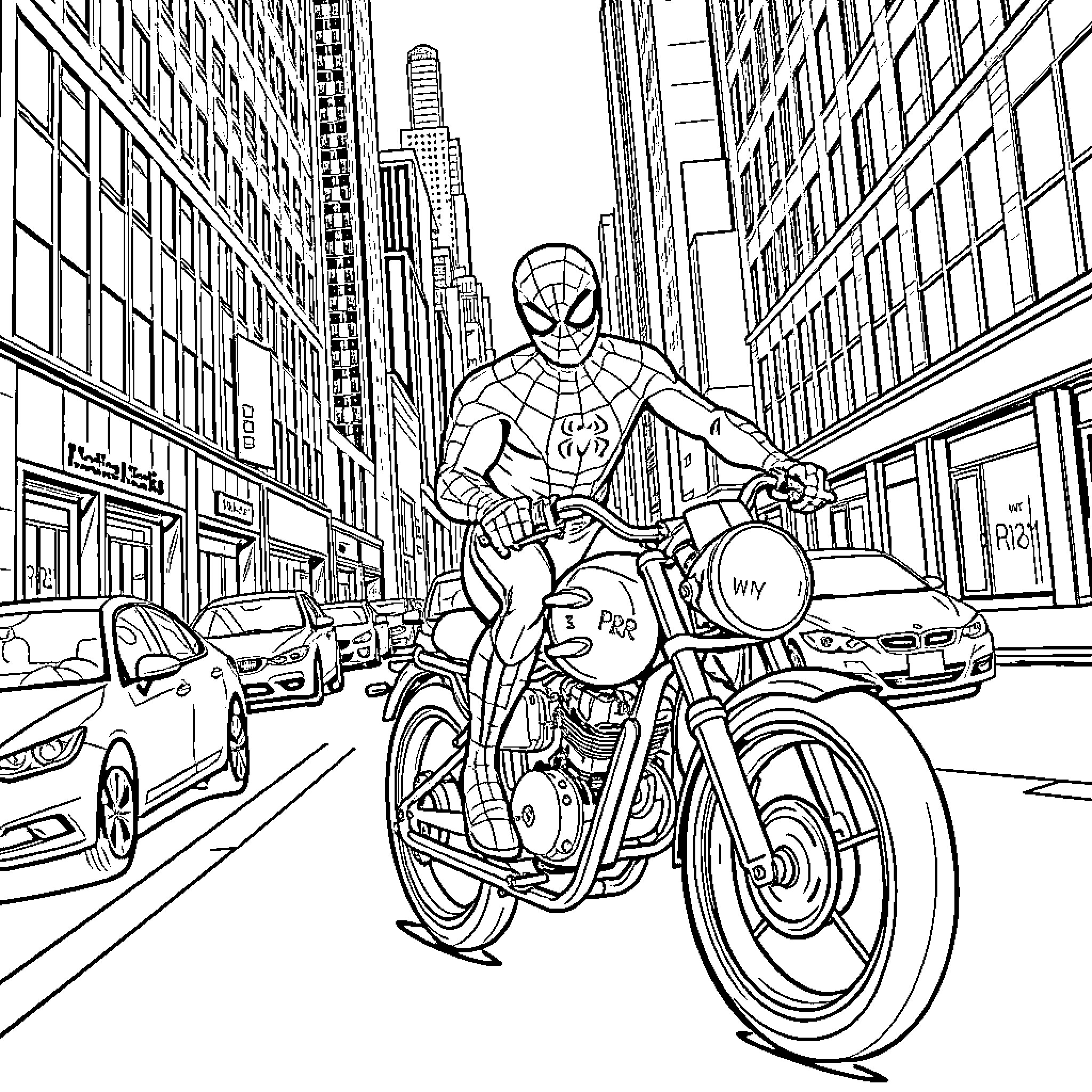 Spiderman rides motorcycle through busy city streets Coloring Page (free black-and-white line drawing printable PDF for all, from beginners to advanced learners, including children, teens, adults, and seniors)