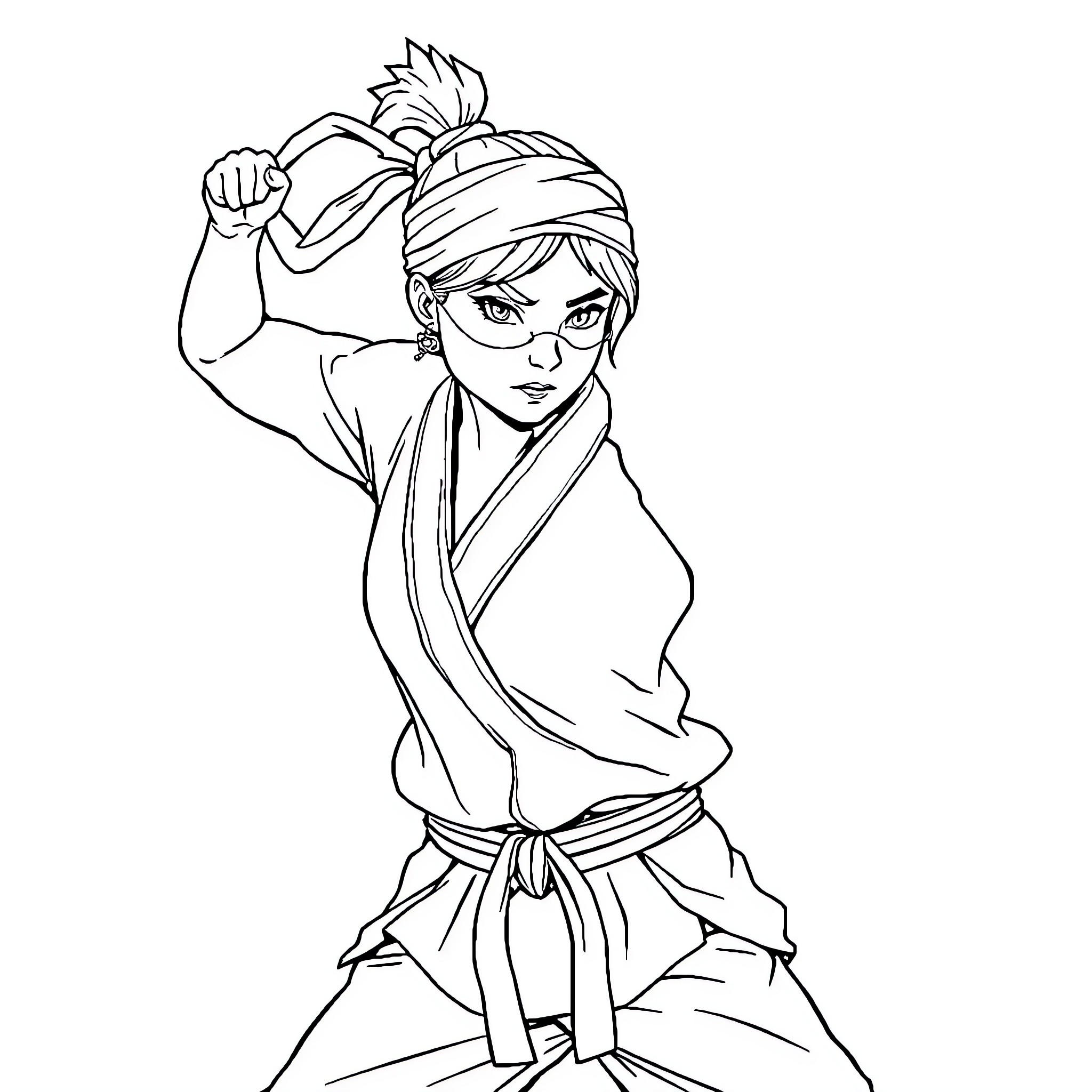 Carapuce in Martial Arts Stance Coloring Page (free black-and-white line drawing printable PDF for all, from beginners to advanced learners, including children, teens, adults, and seniors)