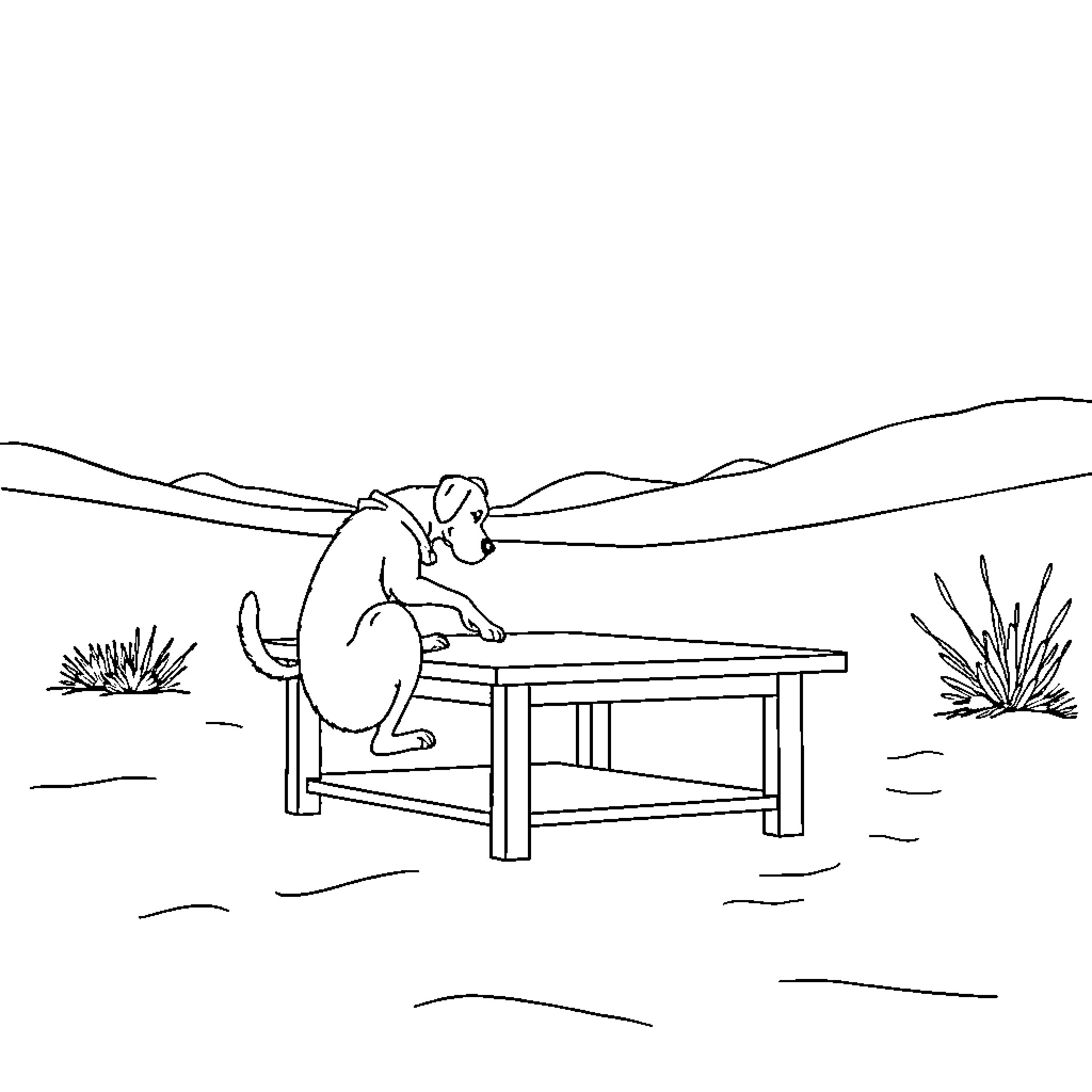 Dog resting on bench in scenic landscape Coloring Page (free black-and-white line drawing printable PDF for all, from beginners to advanced learners, including children, teens, adults, and seniors)