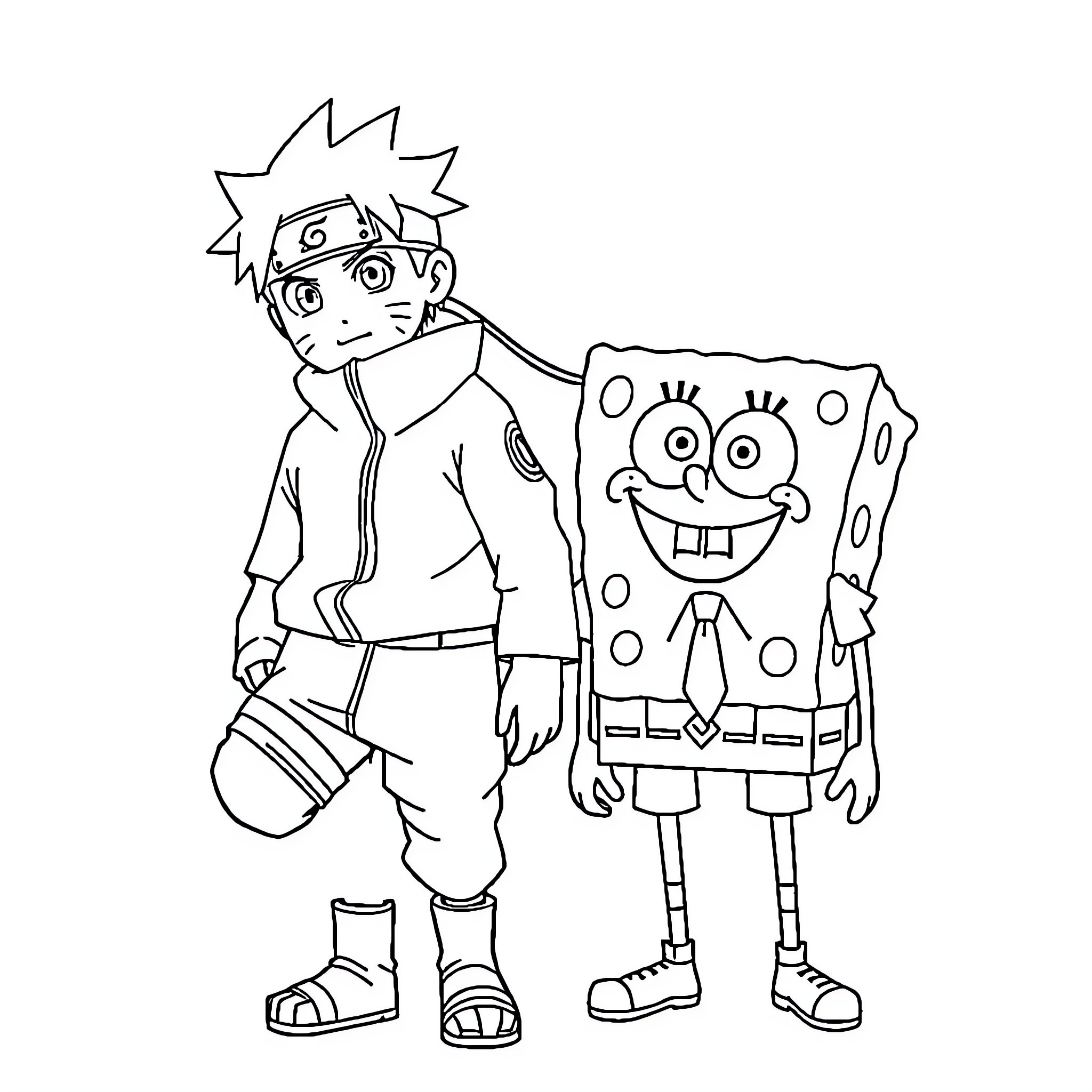 Naruto and SpongeBob in a playful scene Coloring Page (free black-and-white line drawing printable PDF for all, from beginners to advanced learners, including children, teens, adults, and seniors)