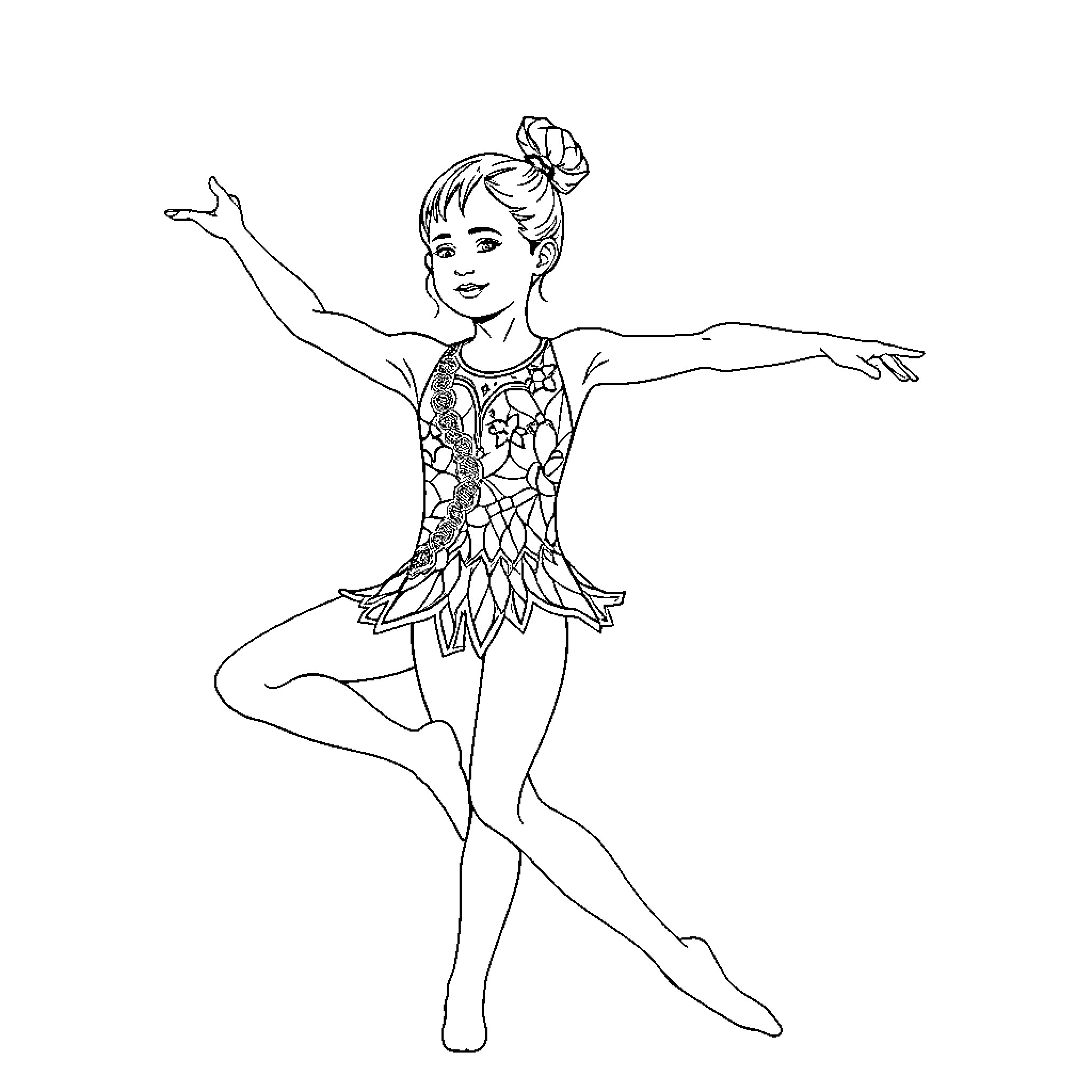 Gymnast performing elegant dance with arms outstretched Coloring Page (free black-and-white line drawing printable PDF for all, from beginners to advanced learners, including children, teens, adults, and seniors)