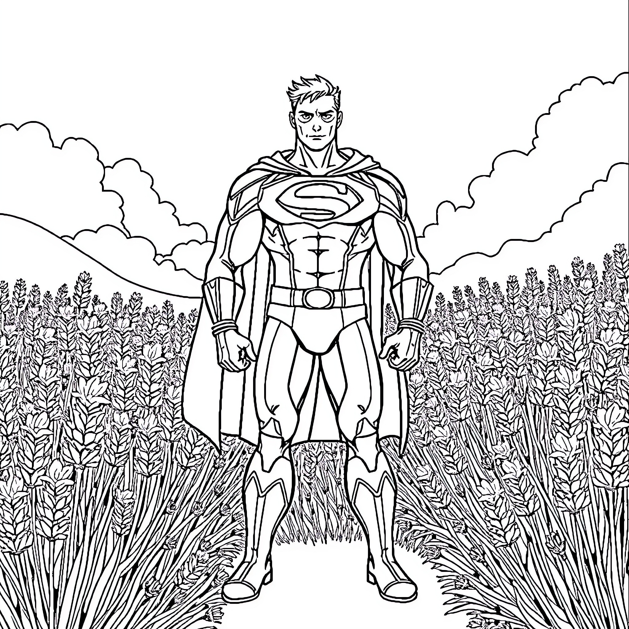 Superhero standing tall in a grassy field Coloring Page (free black-and-white line drawing printable PDF for all, from beginners to advanced learners, including children, teens, adults, and seniors)