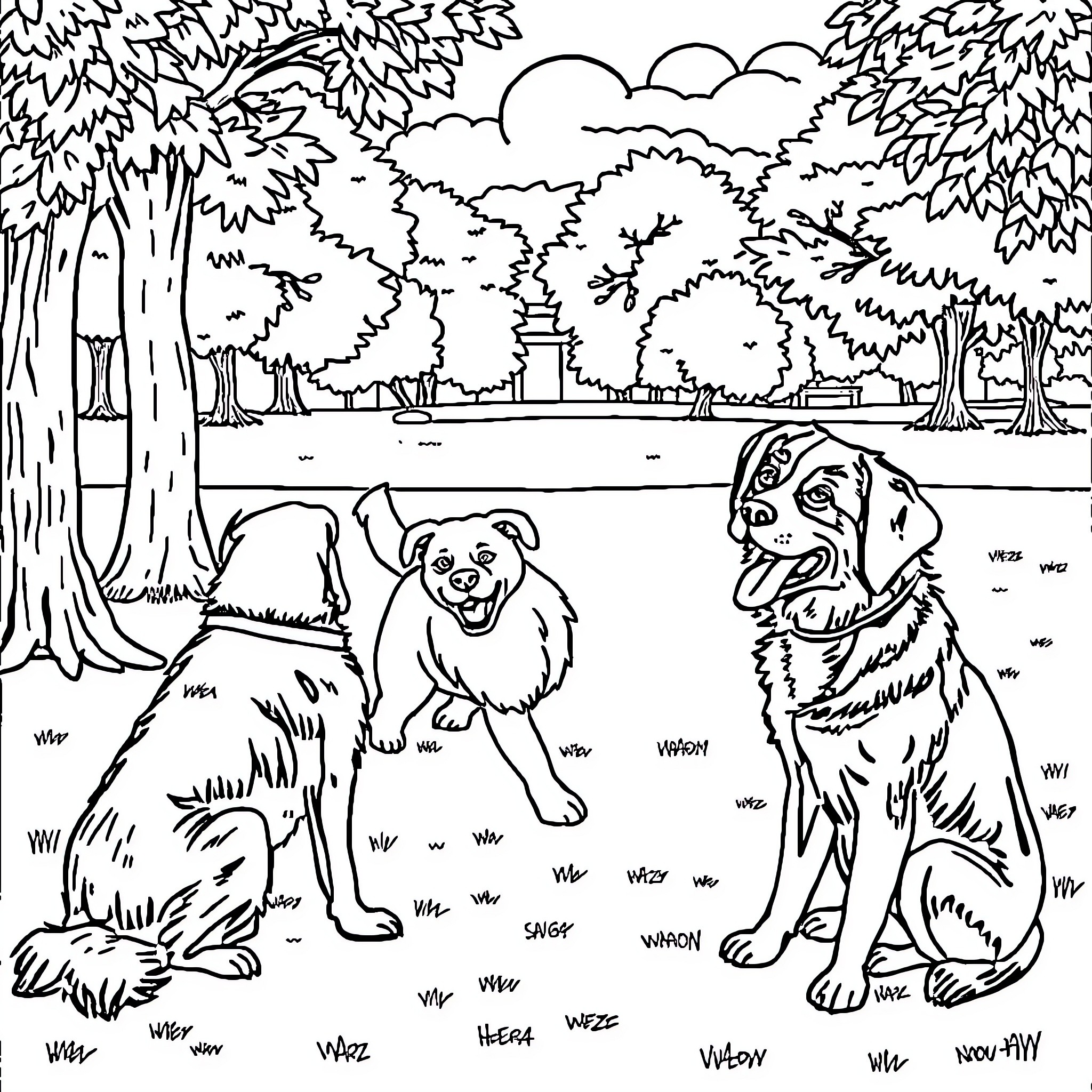 Dog Play in Lush Park Coloring Page (free black-and-white line drawing printable PDF for all, from beginners to advanced learners, including children, teens, adults, and seniors)