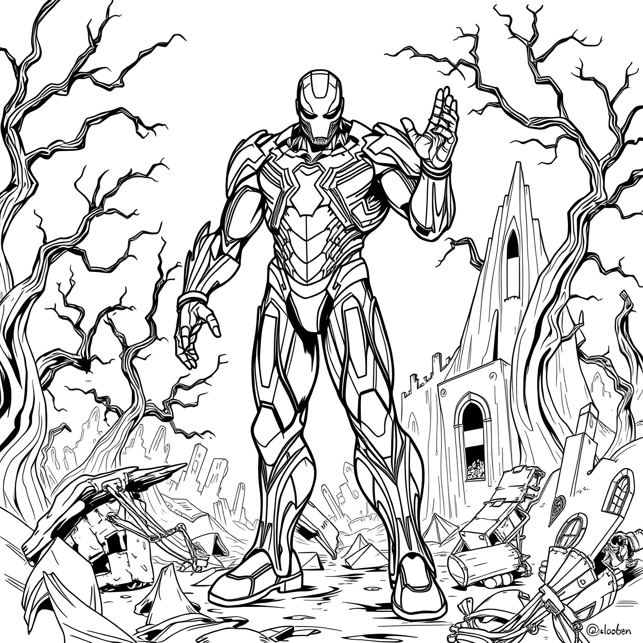 Iron Venom: Heroic Warrior Amid Destruction Coloring Page (free black-and-white line drawing printable PDF for all, from beginners to advanced learners, including children, teens, adults, and seniors)