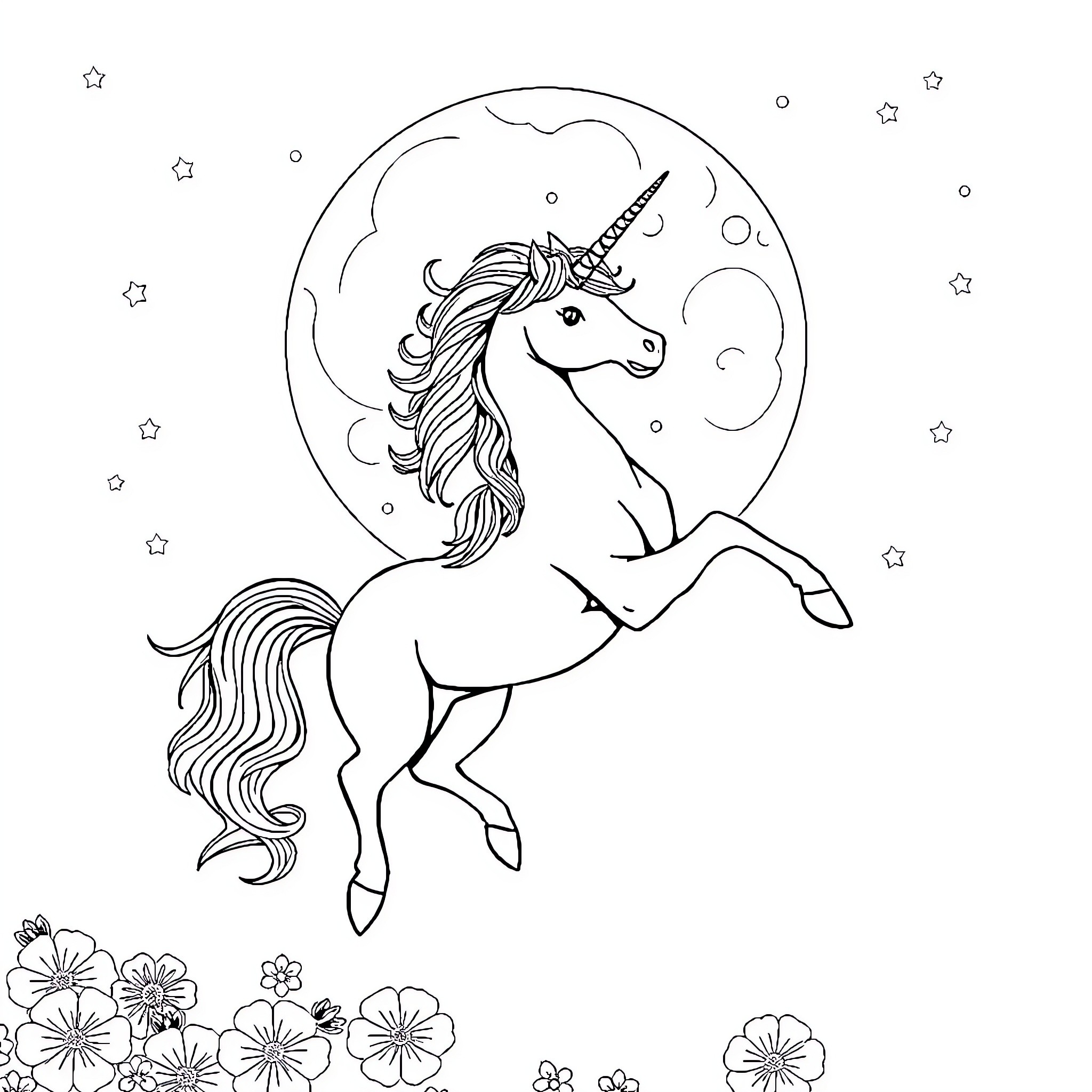 Unicorn galloping in the moonlight with flowers Coloring Page (free black-and-white line drawing printable PDF for all, from beginners to advanced learners, including children, teens, adults, and seniors)