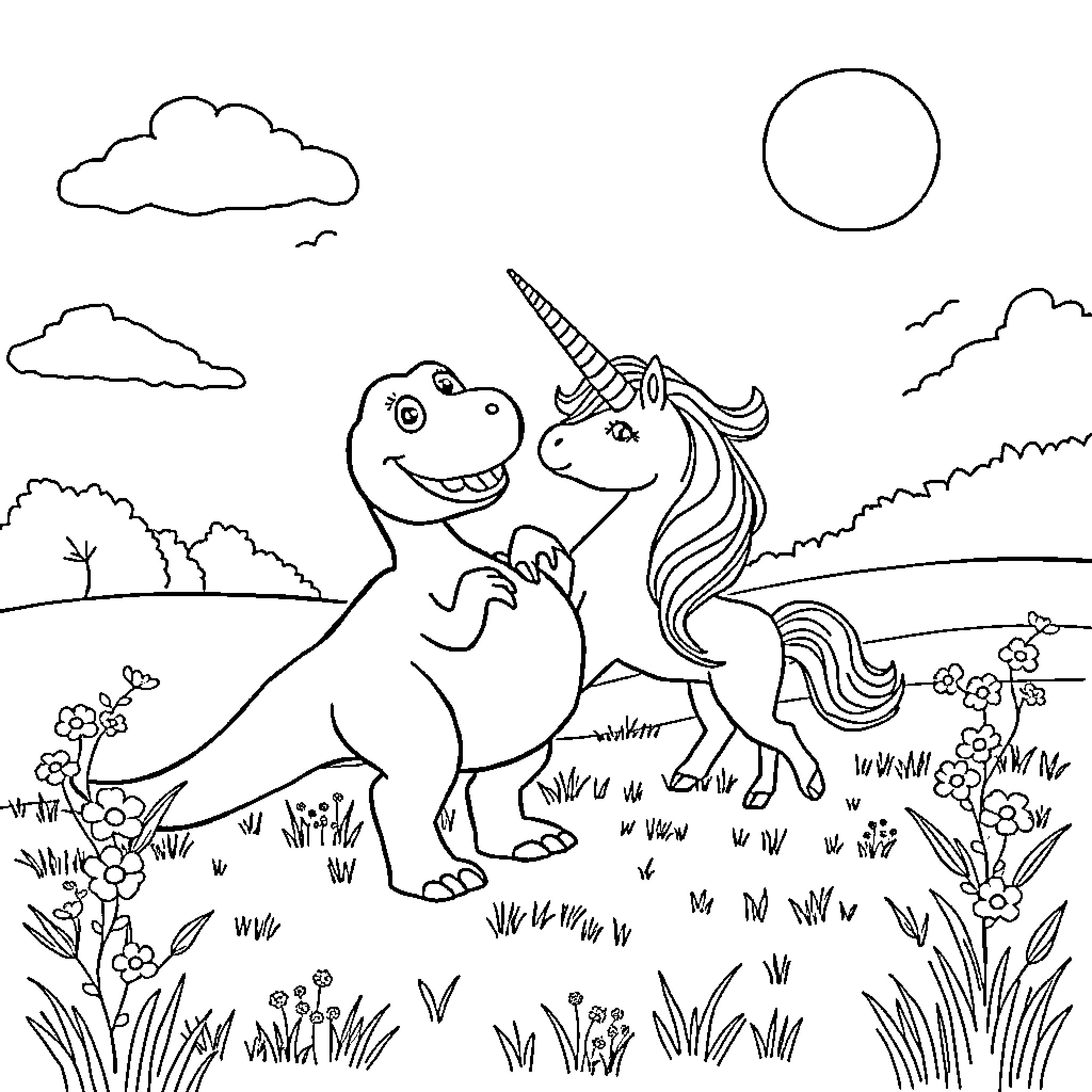 Dinosaur and Unicorn Playing in the Field Coloring Page (free black-and-white line drawing printable PDF for all, from beginners to advanced learners, including children, teens, adults, and seniors)