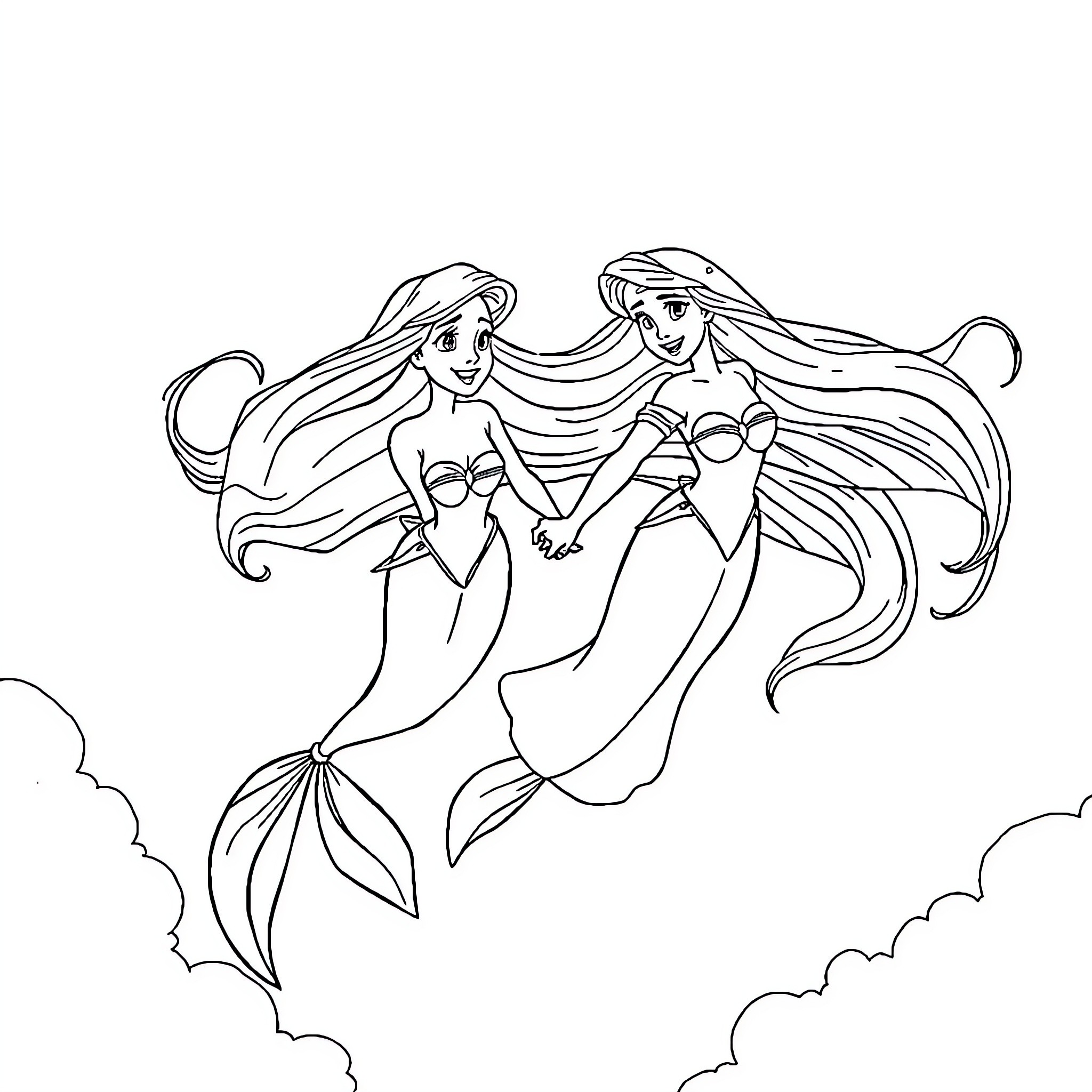 Ariel and Mermaid Friends Swimming in the Ocean Coloring Page (free black-and-white line drawing printable PDF for all, from beginners to advanced learners, including children, teens, adults, and seniors)