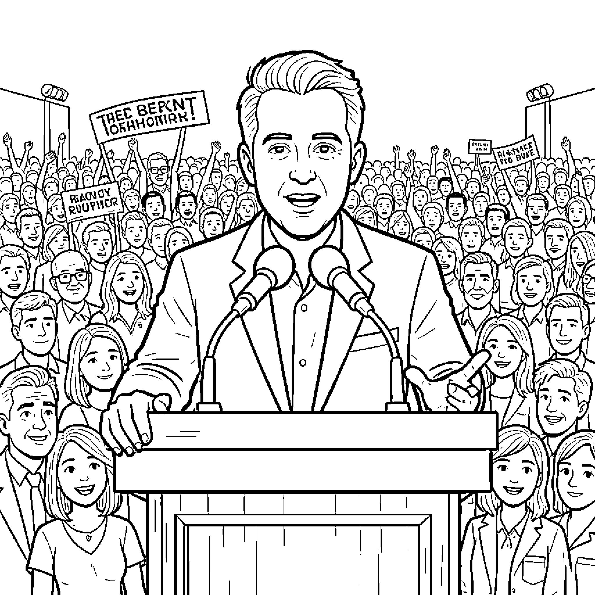 Ben Shapiro speaking behind a podium to a large crowd Coloring Page (free black-and-white line drawing printable PDF for all, from beginners to advanced learners, including children, teens, adults, and seniors)