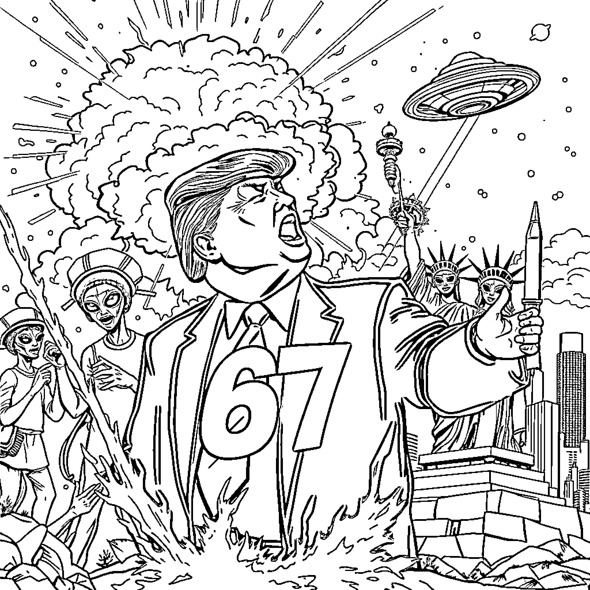 Trump's Explosive Presidency Depicted in Surreal Illustration Coloring Page (free black-and-white line drawing printable PDF for all, from beginners to advanced learners, including children, teens, adults, and seniors)
