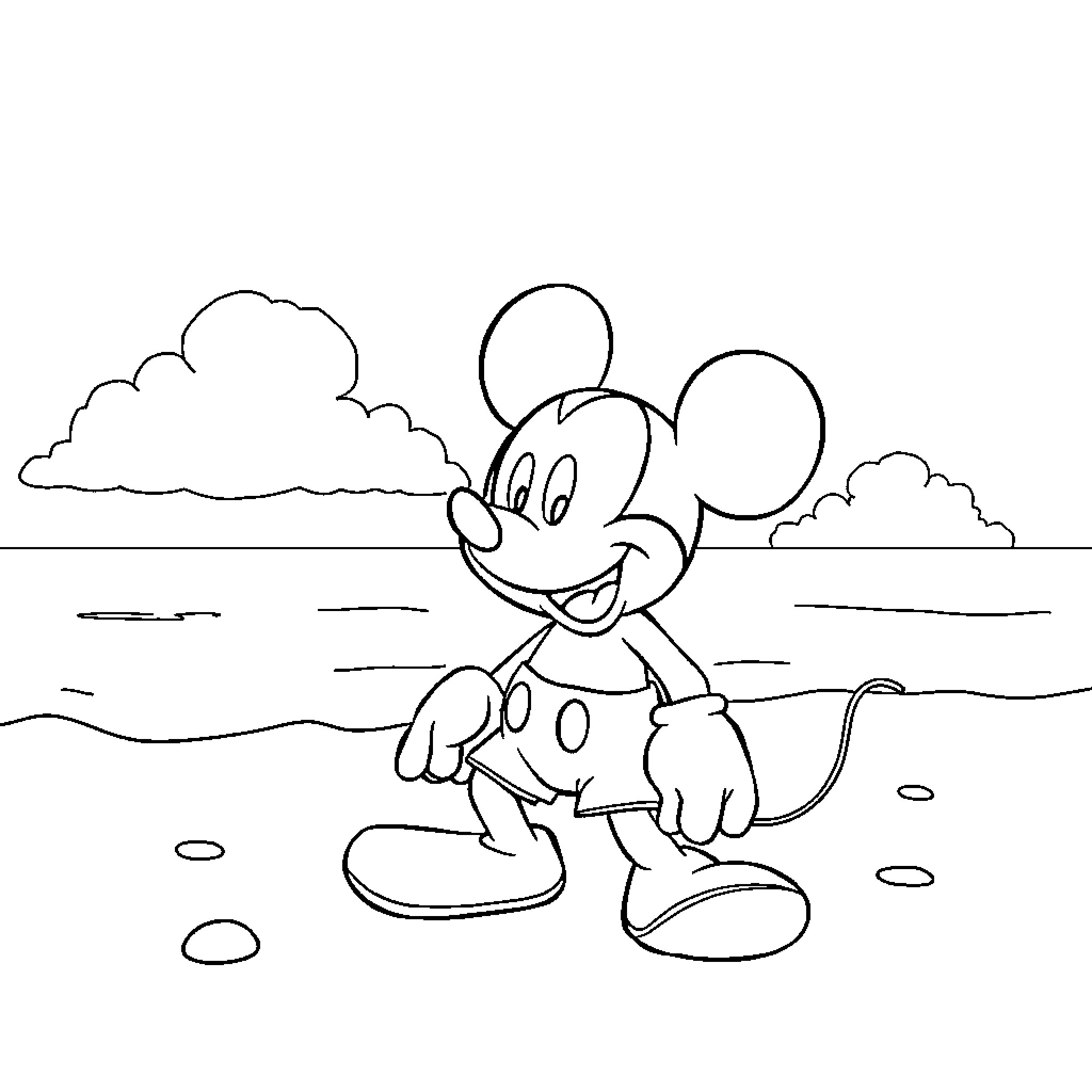 Mickey exploring the beach Coloring Page (free black-and-white line drawing printable PDF for all, from beginners to advanced learners, including children, teens, adults, and seniors)