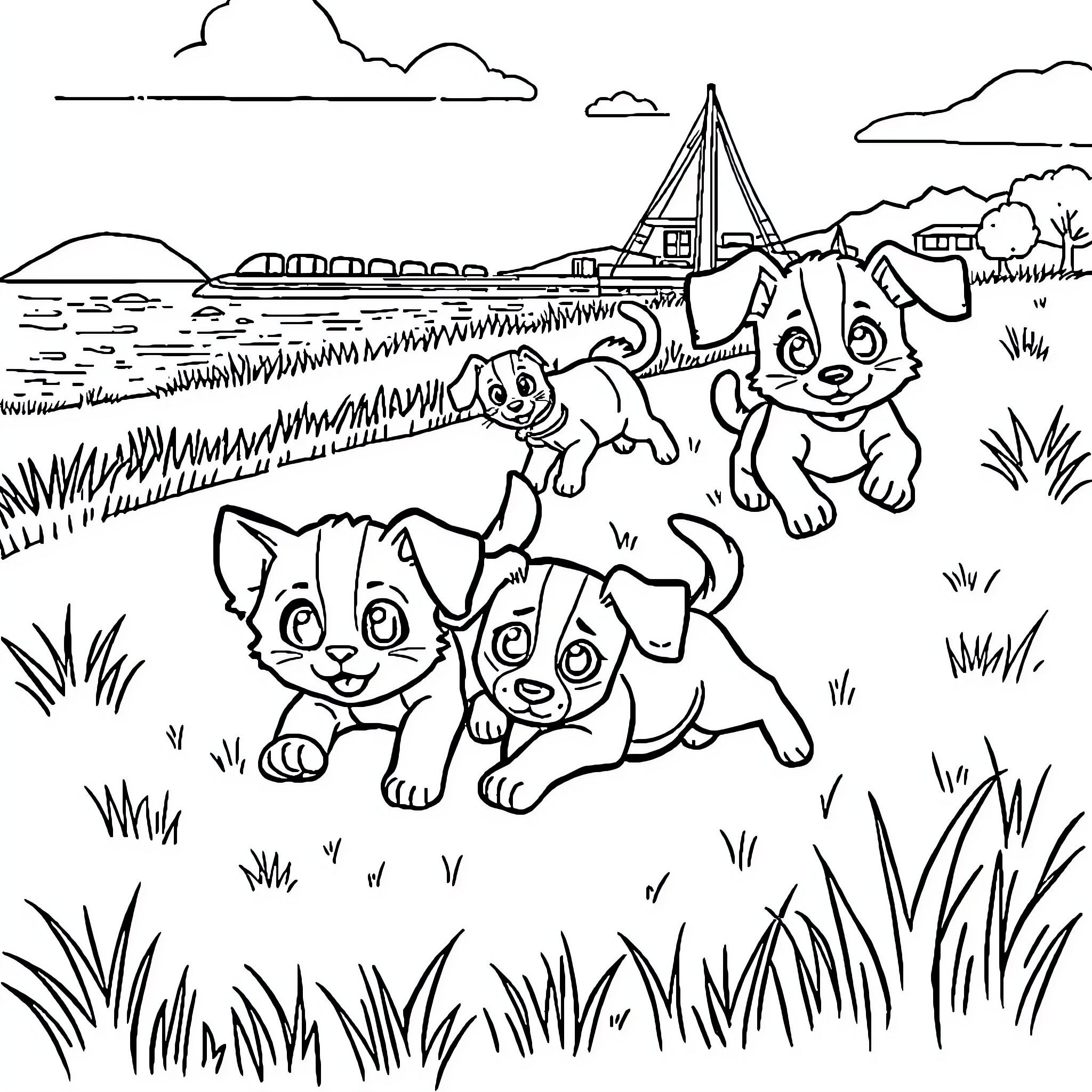 Kittens playing in a grassy field near a train Coloring Page (free black-and-white line drawing printable PDF for all, from beginners to advanced learners, including children, teens, adults, and seniors)