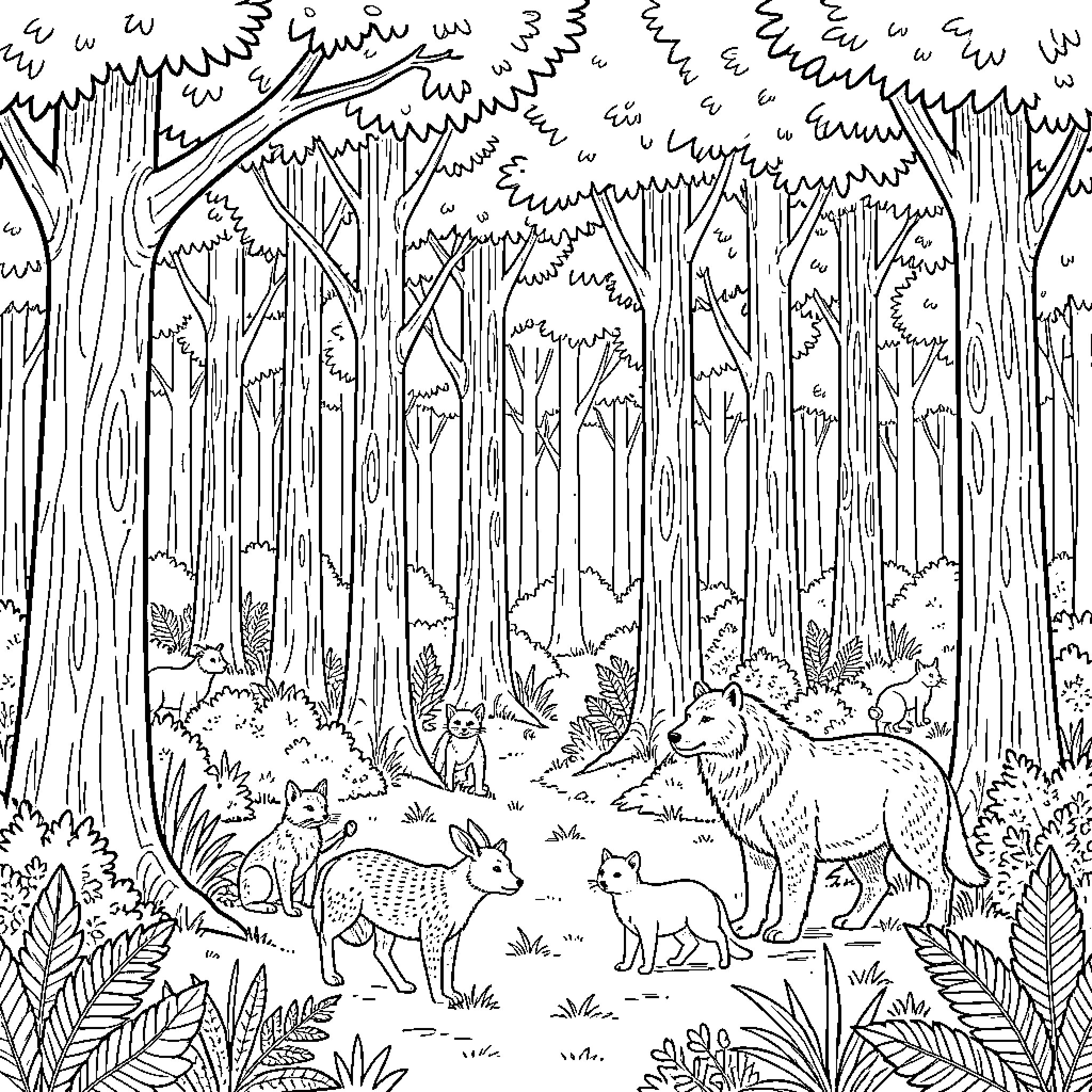Forest Animal group wandering through a dense woodland Coloring Page (free black-and-white line drawing printable PDF for all, from beginners to advanced learners, including children, teens, adults, and seniors)