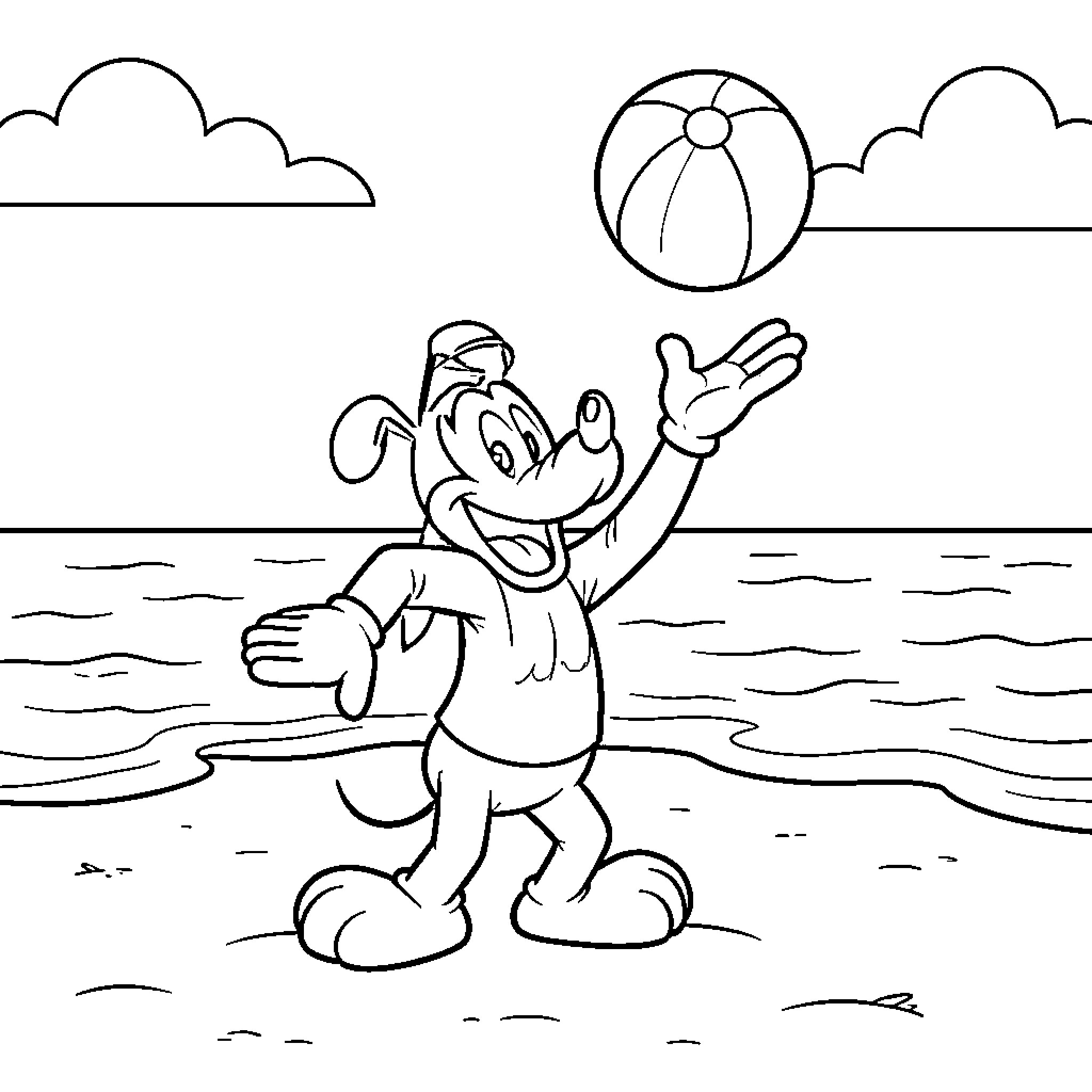 Goofy character playing with beach ball in the sun Coloring Page (free black-and-white line drawing printable PDF for all, from beginners to advanced learners, including children, teens, adults, and seniors)