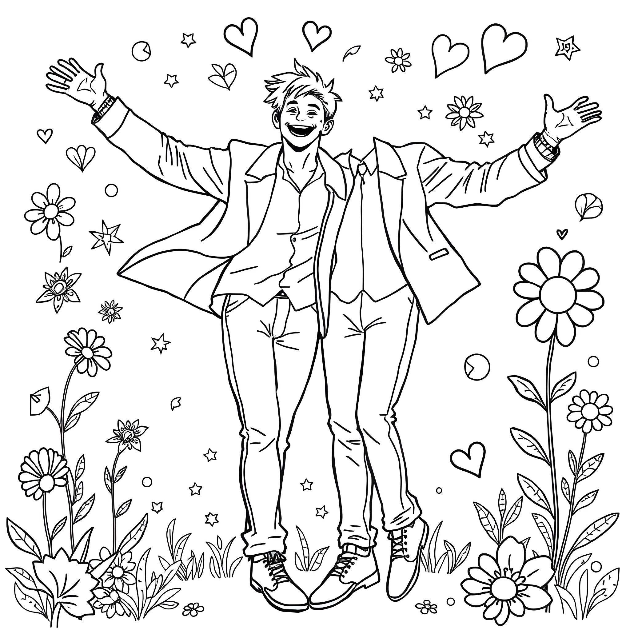 Man expressing joy and enthusiasm in a whimsical setting Coloring Page (free black-and-white line drawing printable PDF for all, from beginners to advanced learners, including children, teens, adults, and seniors)
