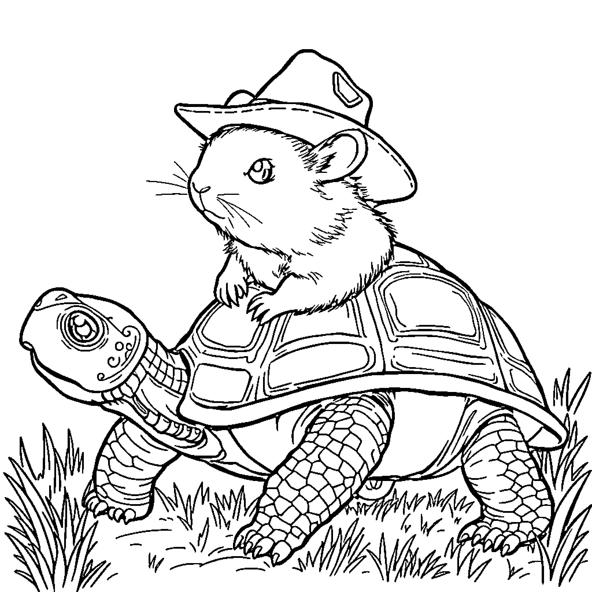 Hamster ranger riding a turtle in nature Coloring Page (free black-and-white line drawing printable PDF for all, from beginners to advanced learners, including children, teens, adults, and seniors)