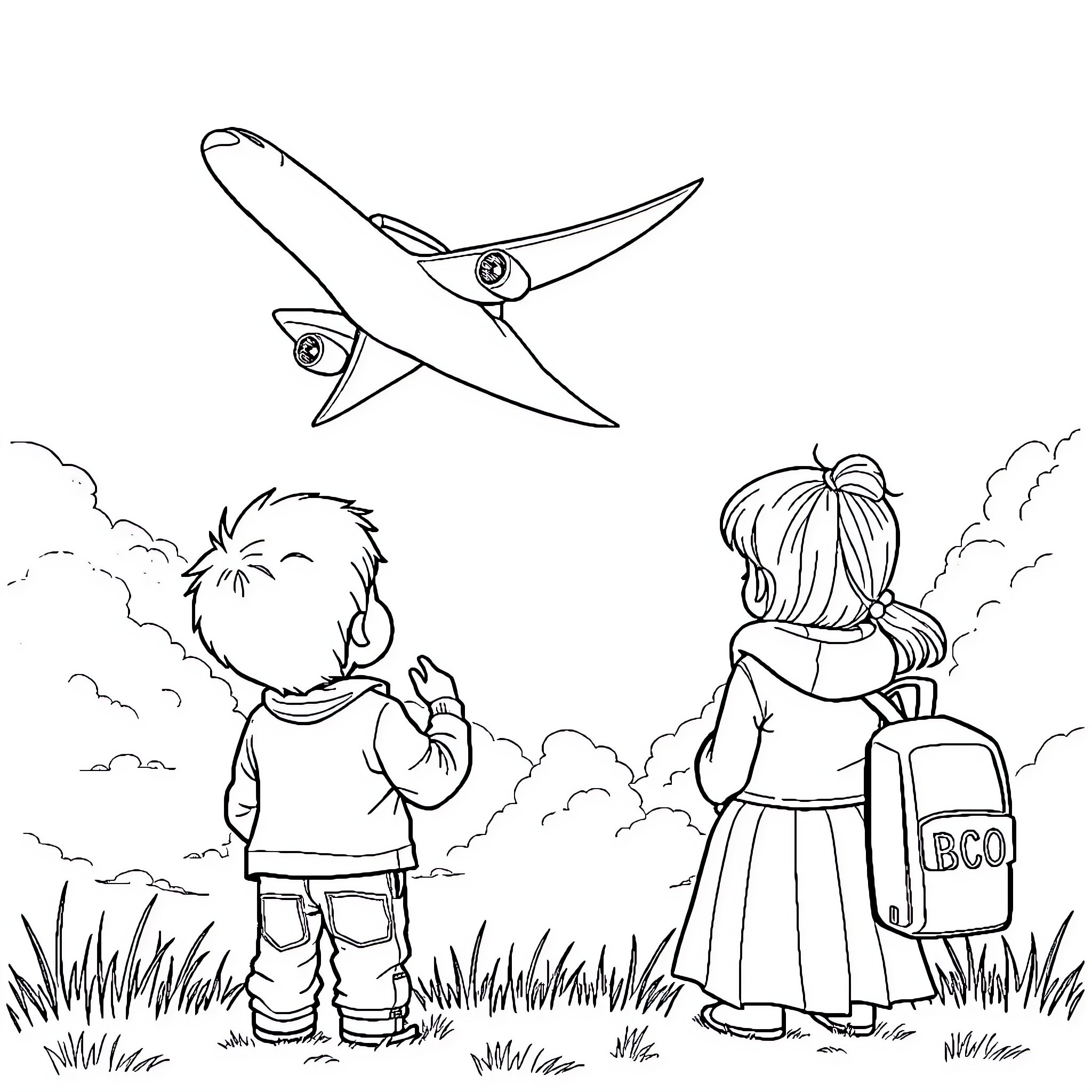Avión sobrevolando a niños observando el cielo Coloring Page (free black-and-white line drawing printable PDF for all, from beginners to advanced learners, including children, teens, adults, and seniors)
