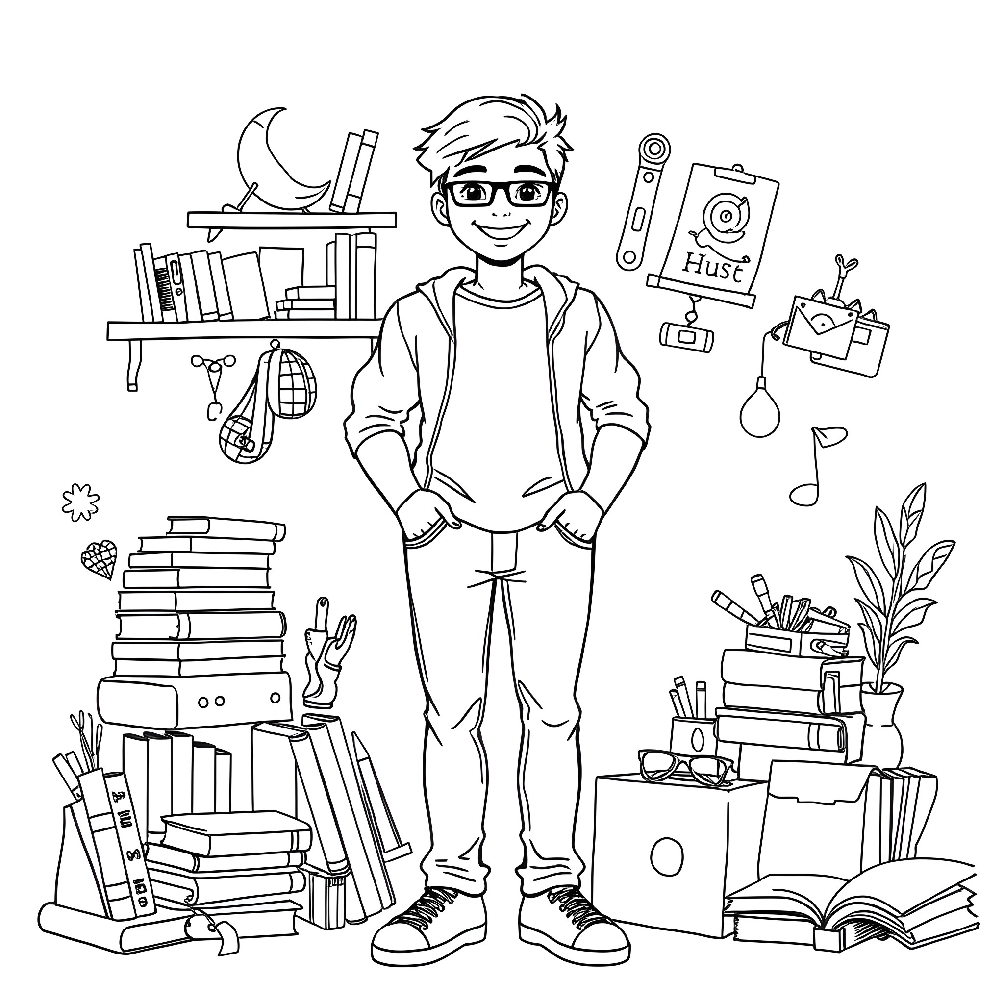 Me enjoying the cozy study room filled with books and learning tools Coloring Page (free black-and-white line drawing printable PDF for all, from beginners to advanced learners, including children, teens, adults, and seniors)