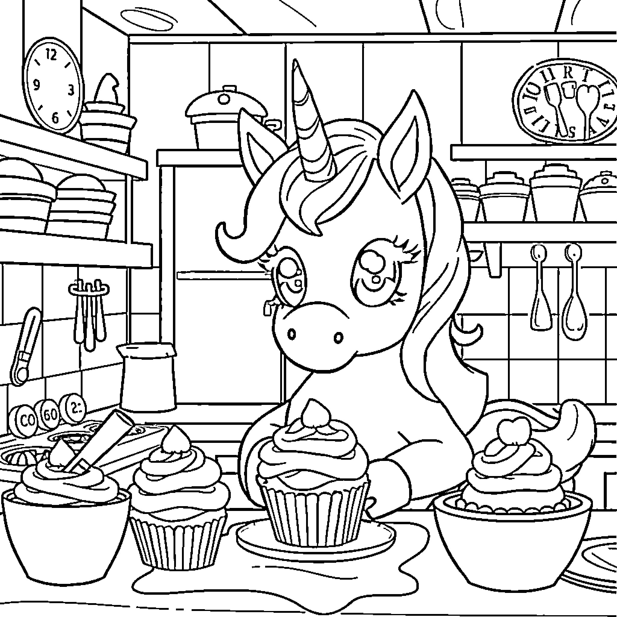 Unicorn enjoying baking cupcakes in the kitchen Coloring Page (free black-and-white line drawing printable PDF for all, from beginners to advanced learners, including children, teens, adults, and seniors)